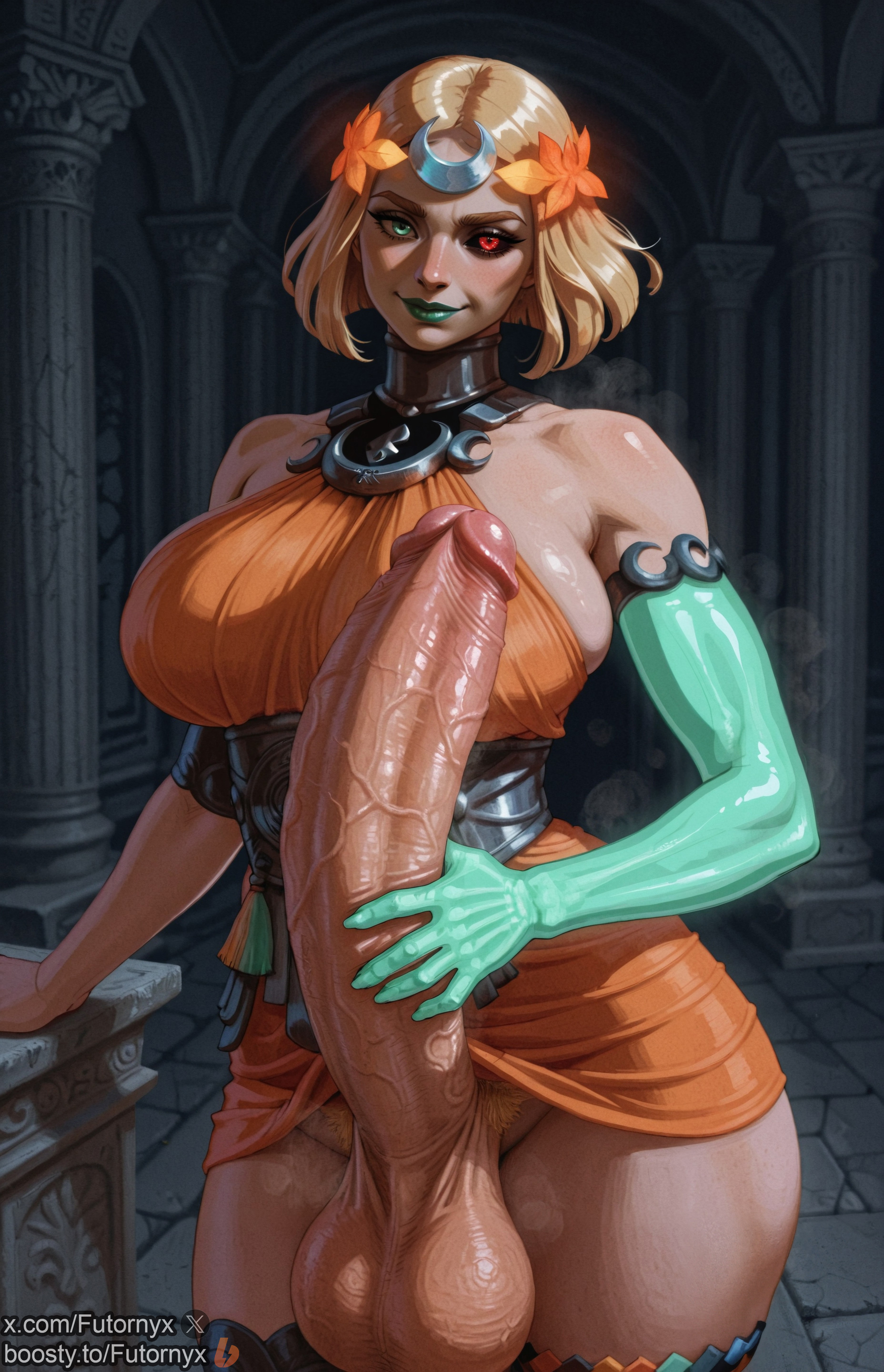 1futa, ai generated, blonde hair, boosty, boosty username, dickgirl, futanari, futornyx, hades (game), hades 2, heterochromia, huge breasts, huge cock, intersex, large breasts, melinoe (hades), skeleton hand, solo, testicles, twitter username, veiny penis, wide hips