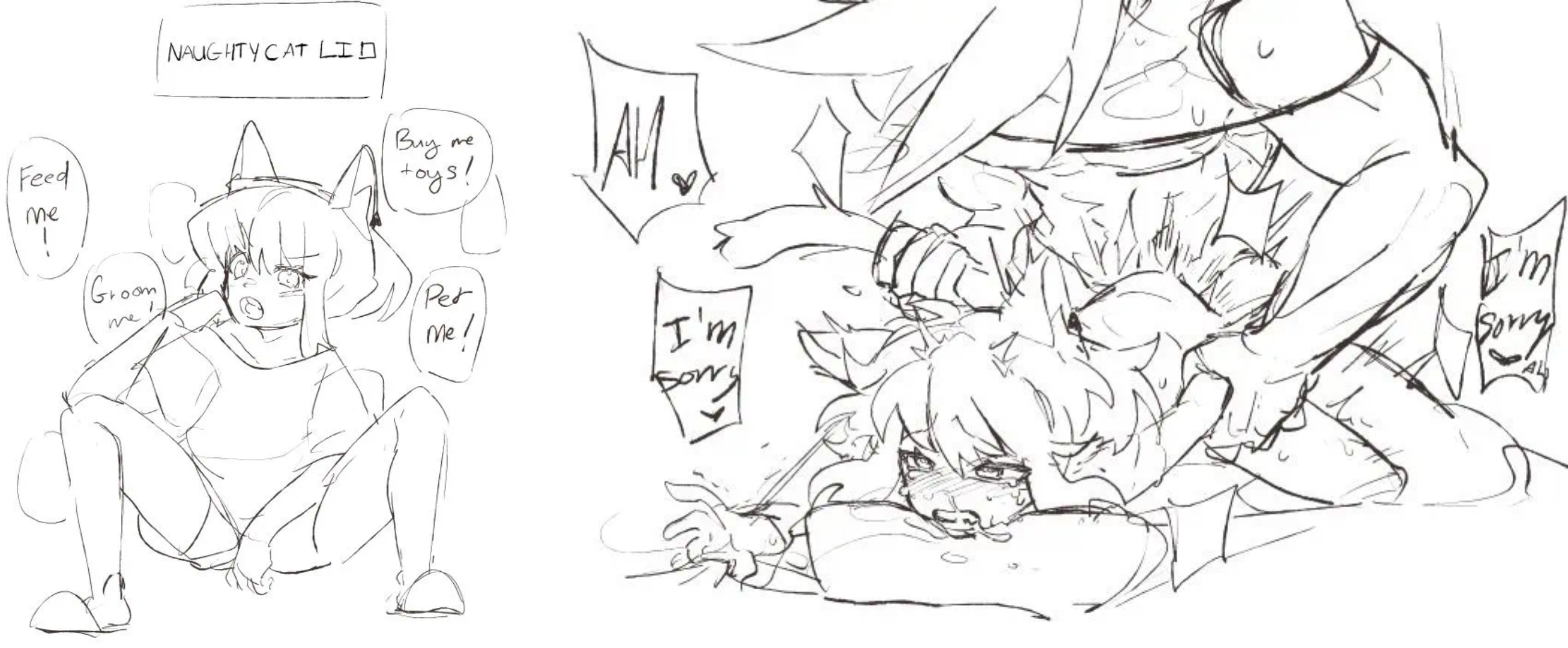 2boys, androgynous, arm grab, cat ears, cat tail, catboy, dialogue, dominant, domination, femboy, femboy penetrated, galo thymos, gay, gay sex, instanttnoodle, lio fotia, petite, petite body, petite male, promare, punishment, size difference, slim, slim male, slim waist, tail grab, tears, text, twink, yaoi