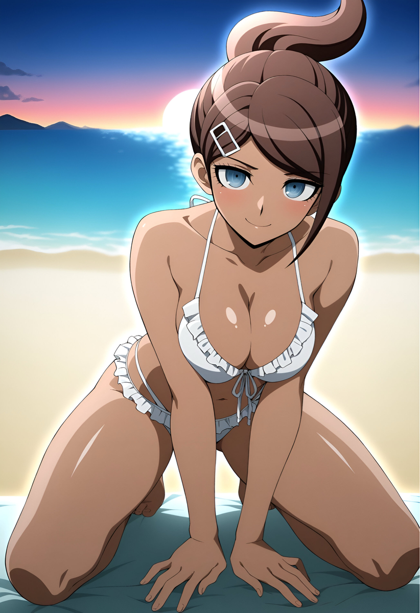 1girls, ai generated, asahina aoi, bikini, blue eyes, brown hair, clothed, clothed female, danganronpa, duderu vanilla, female, female only, kneeling, solo, swimsuit, tan skin, tan-skinned female, tanned skin, white bikini