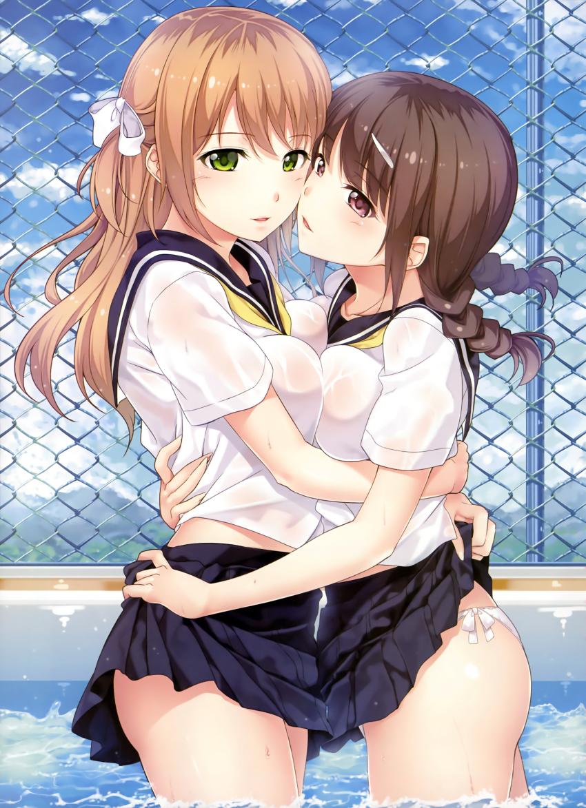 2girls blonde_hair blush braid breast_press breasts brown_hair chain-link_fence chobipero female fence green_eyes hair_ornament hair_ribbon hairclip highres hug imminent_kiss large_breasts long_hair multiple_girls open_mouth panties pleated_skirt pool poolside purple_eyes ribbon scan school_uniform see-through serafuku side-tie_panties skirt skirt_lift sky smile symmetrical_docking twin_braids two_side_up underwear wading water wet wet_clothes wet_uniform white_panties yuri