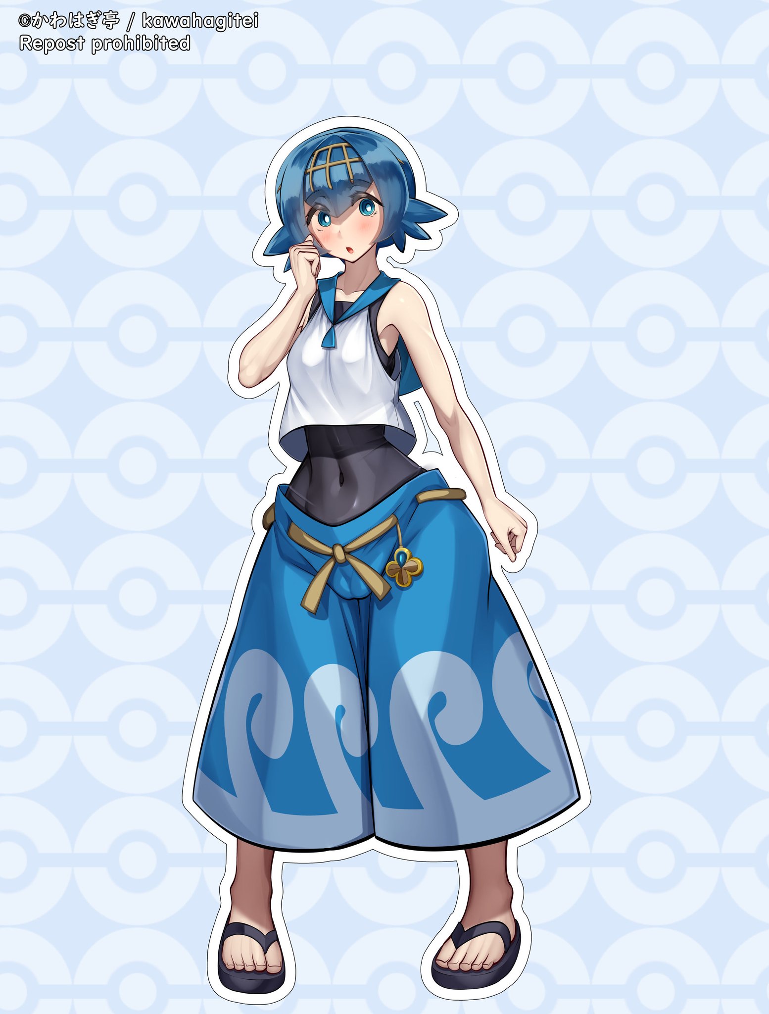 1girls, bell bottoms (pants), female, female only, kawahagitei, lana (pokemon), pokemon, pokemon sm, small breasts, solo, topwear