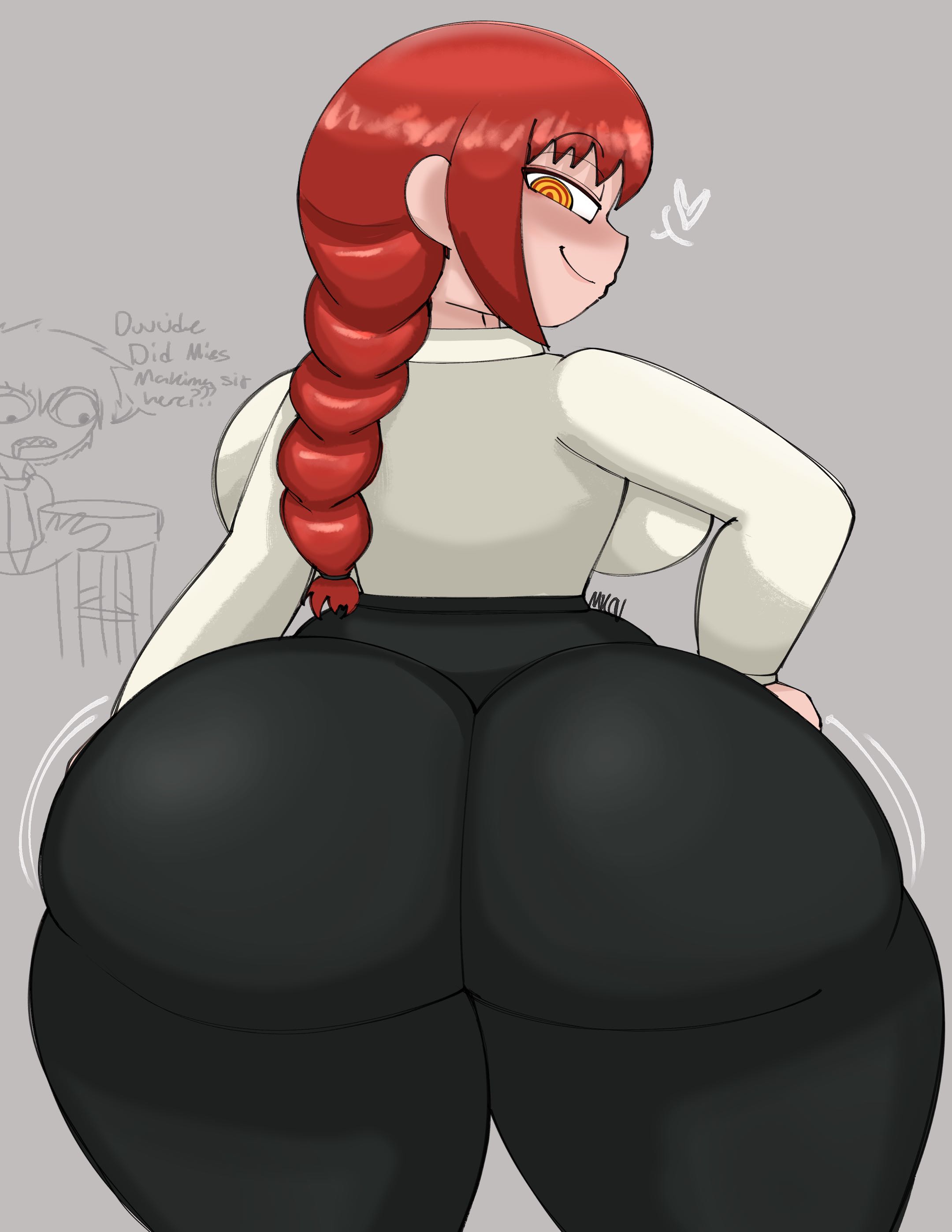 1girl, 1girls, 2026, absurd res, absurd resolution, absurdres, artist signature, ass, ass focus, ass jiggle, ass wiggle, barstool, black pants, boobs, breasts, butt, butt focus, butt jiggle, butt wiggle, chainsaw man, clothed, clothed female, denji (chainsaw man), digital drawing (artwork), digital media (artwork), double cheeked up, drool, drooling, female, female focus, gigantic ass, gigantic butt, hands on hips, heart, heart symbol, huge boobs, huge breasts, huge tits, jiggle, makima (chainsaw man), male in background, mechacarnis, necktie, no penetration, no sex, office clothing, office lady, pale skin, pale skin female, pale skinned female, ponytail, ponytail female, red hair, ringed eyes, seduction, seductive, seductive eyes, seductive look, seductive smile, sharp teeth, simple background, smile, smiling, smiling at viewer, smirk, smirking, smirking at viewer, staring, staring at viewer, teasing, teasing viewer, teasing with butt, text, thick thighs, thighs, tie, tight clothing, tight fit, tight fitting clothing, tight pants, tits, viewer pov, voluptuous, voluptuous body, voluptuous female, white background, white collared shirt, white shirt, white skin, white skinned female, wide hips, wiggle, wiggle lines, yellow eyes