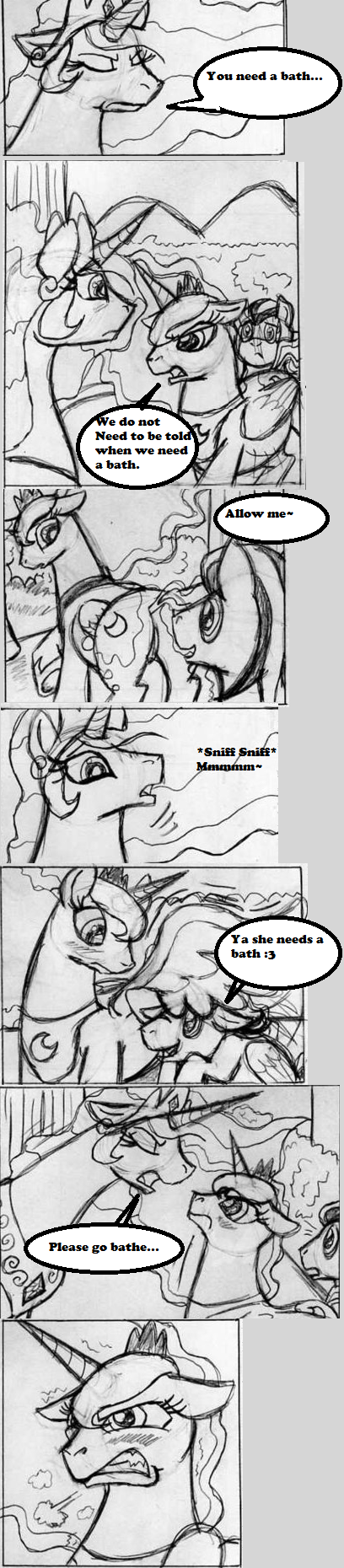 2013 black_and_white cielo_rey comic crown dialog english_text equine female feral flightless friendship_is_magic hair horn horse marehood mock_comic monochrome my_little_pony princess princess_celestia_(mlp) princess_luna_(mlp) pussy royalty scent sketch sniffing text