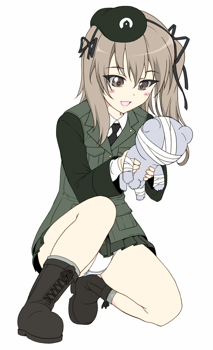 blush boko_(girls_und_panzer) boots clothing colorized female fully_clothed girls_und_panzer hat open_mouth panties shichimenchou shimada_arisu uniform upskirt