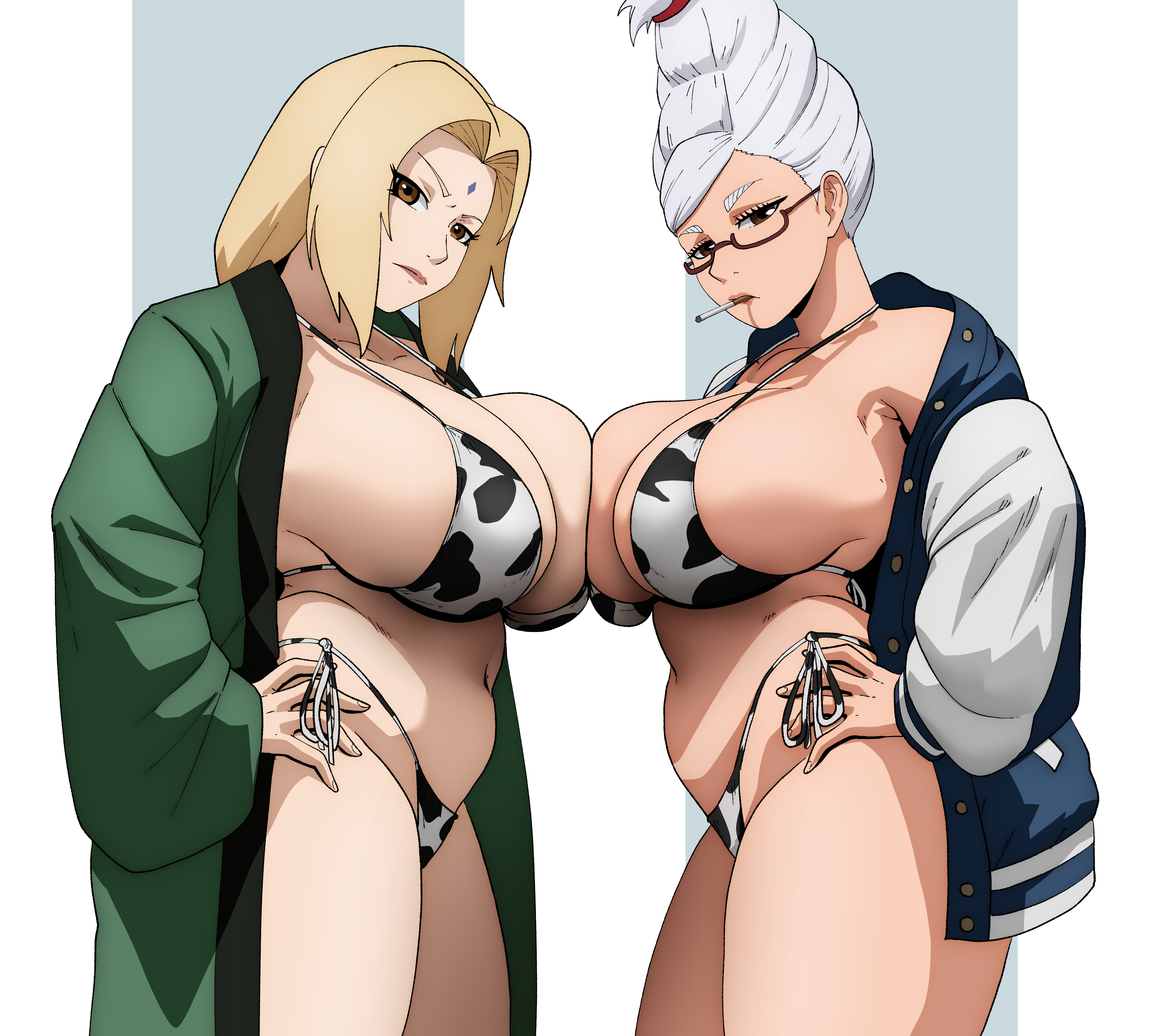 2girls, alternate breast size (larger), animal print, asymmetrical docking, ayase seiko, beehive hairdo, bikini, blonde hair, breast press, breasts, company connection, cow print, cow print bikini, crossover, curvy, dandadan, facial mark, forehead mark, hand on own hip, haori, highres, huge breasts, inker comics, jacket, japanese clothes, letterman jacket, mature female, multiple girls, naruto, naruto (series), naruto shippuden, paid reward available, print bikini, semi-rimless eyewear, side-tie bikini bottom, string bikini, swimsuit, thighs, thong, thong bikini, trait connection, tsunade, tsunade (naruto), tsunade senju, white hair