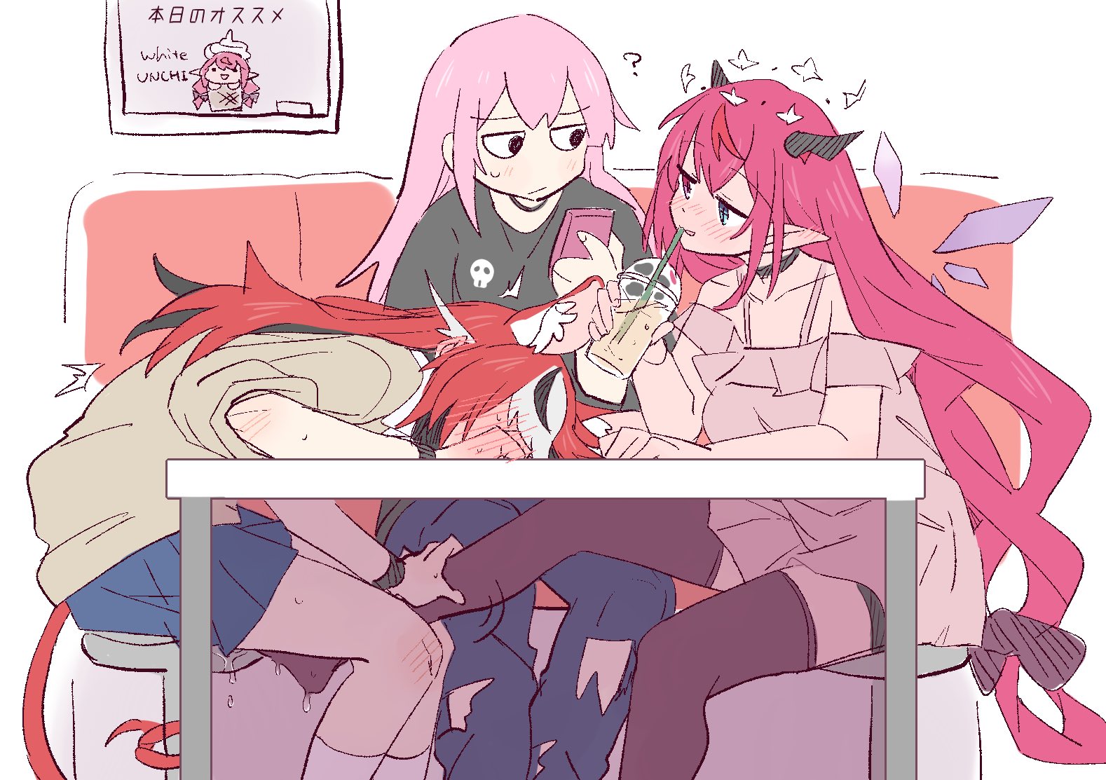 3girls, animal ears, baggy clothes, bare shoulders, big breasts, black eyes, black hair, black streak, blush, blushing, booth, booth seating, bracelet, breasts, choker, clavicle, clothed, clothed female, crystal wings, dress, drink, drinking, drinking straw, elf ears, english text, female footjob, footjob, footjob under table, full face blush, grabbing leg, hair between eyes, hair tied, hairbow, hakos baelz, halo, head down, head on table, heterochromia, holding drink, holding smartphone, hololive, hololive english, hololive english -council-, hololive english -promise-, hololive myth, horns, indoors, irys, irys (hololive), japanese text, kemonomimi, legs apart, legs together, lesbian, light skin, light-skinned female, long hair, long sleeve shirt, mori calliope, mouse ears, mouse girl, mouse tail, multicolored hair, nephilim, oblivious, outercourse, overwhelmed, overwhelmed with pleasure, pants, pink eyes, pink hair, pointed ears, pussy drip, pussy dripping, pussy juice, ramphastostella, rat ears, rat girl, rat tail, red hair, red streak, ripped pants, rubbing pussy, rubbing pussy with foot, rubbing vagina, seated, shorts, sitting, skirt, skull logo, smartphone, socks, spaghetti strap, spats, stealth footjob, stealth sex, stool (chair), straw, sweater, table, thighhighs, thighs, unaware, under the table, vaginal juice drip, vaginal juices, virtual youtuber, wet clothes, wet pussy, wet socks, white hair, wristband, yuri