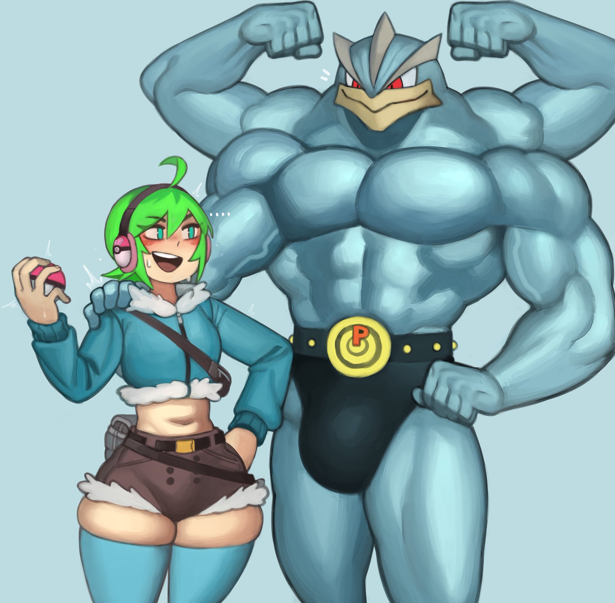 ahoge, blue eyes, green hair, headphones, hoodie, kelvin hiu, machamp, muscular male, original character, petite, petite female, pokemon, pokemon (species), pokemon trainer, small breasts, sweatdrop