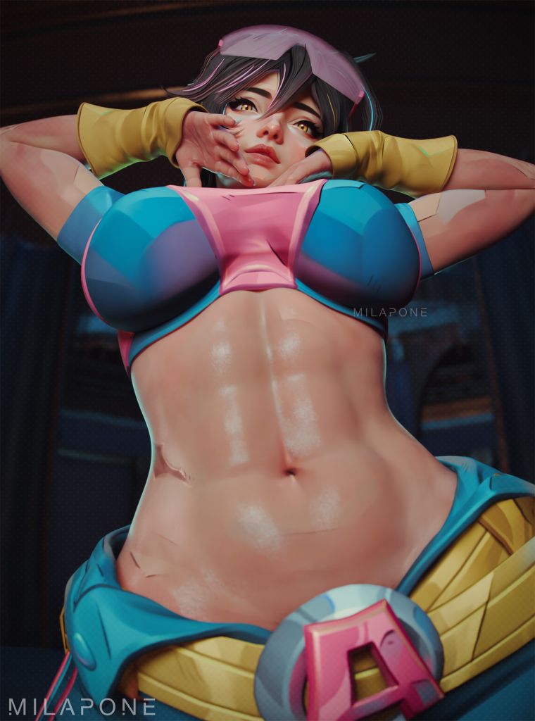 1girls 3d abs female female_only female_torso jubilation_lee jubilee jubilee_(marvel_rivals) low-angle_view marvel marvel_rivals midriff milapone navel solo x-men