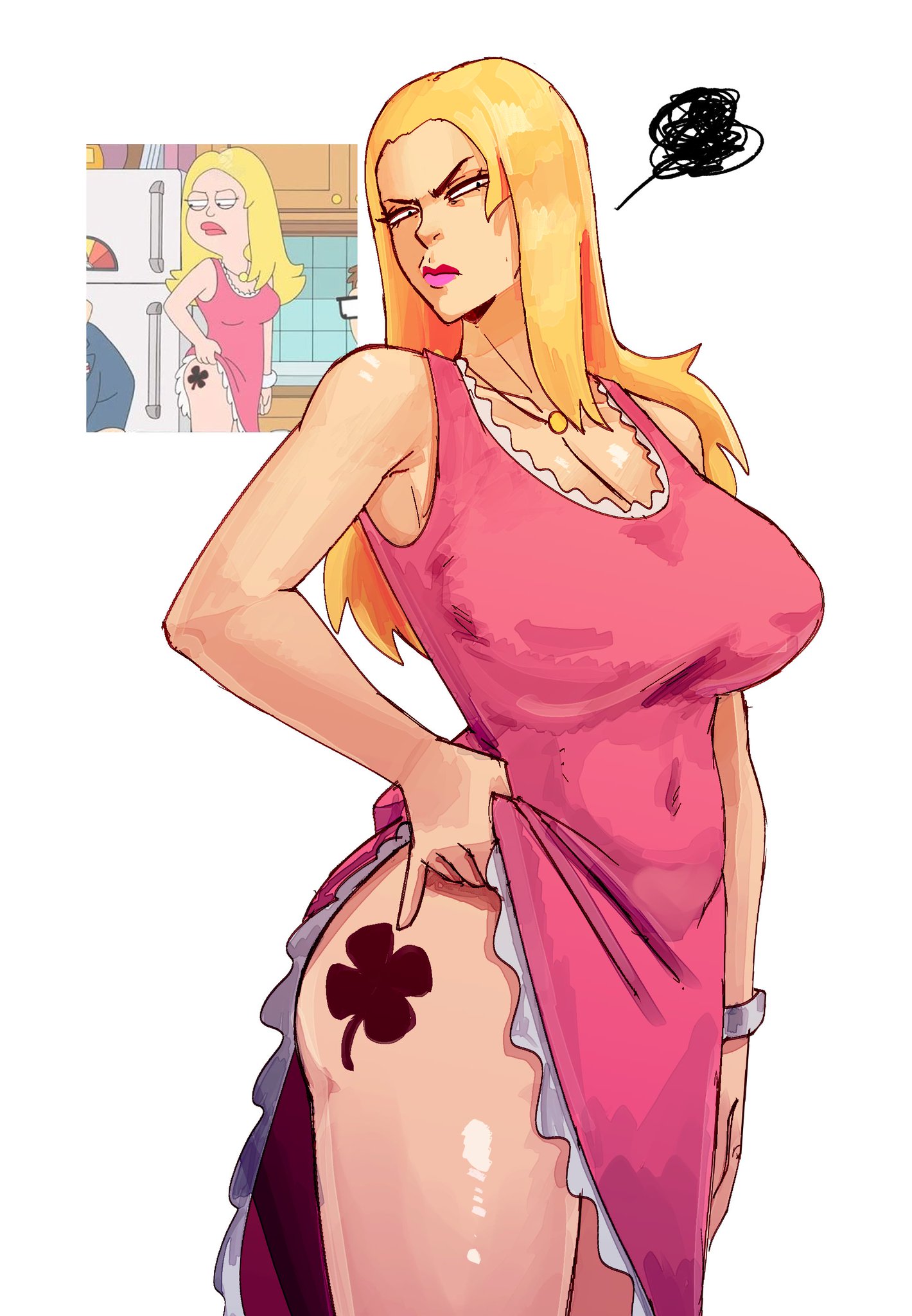 american dad, annoyed, annoyed expression, annoyed face, annoyed female, armpit, armpits, bare legs, bare shoulders, bare thighs, big breasts, blonde, blonde female, blonde hair, breasts, canonical scene, cleavage, cupperexe, cupperthesecond, dress, dress lift, dress lifted by self, exposed legs, fanart, fanart from twitter, female, female focus, four-leaf clover, francine smith, huge breasts, large breasts, leg focus, leg tattoo, legs, nipple bulge, pink dress, reference image, side view, tattoo, tattoo on legs, thick thighs, thighs, tight clothing, tight dress, twitter link, upset, voluptuous, voluptuous female