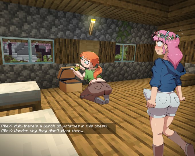 1futa, 2girls, alex (minecraft), boner, boner in pants, bulge, bulge through clothing, chest, gvoltage07, minecraft, original character
