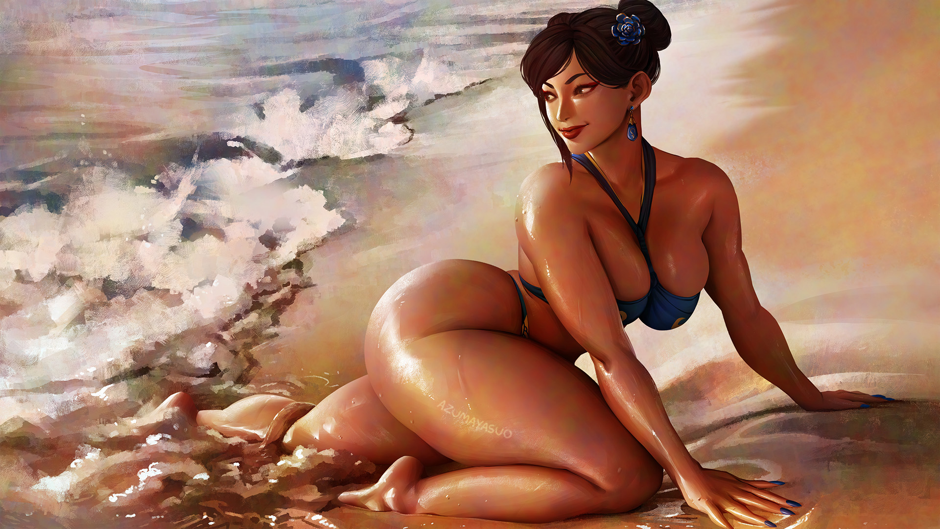 1girls, asian, asian female, ass, azuma yasuo, azumaarts, big ass, brown hair, bubble butt, chun-li, huge ass, mature female, milf, paag, pool, poolside, street fighter, swimsuit, wide hips