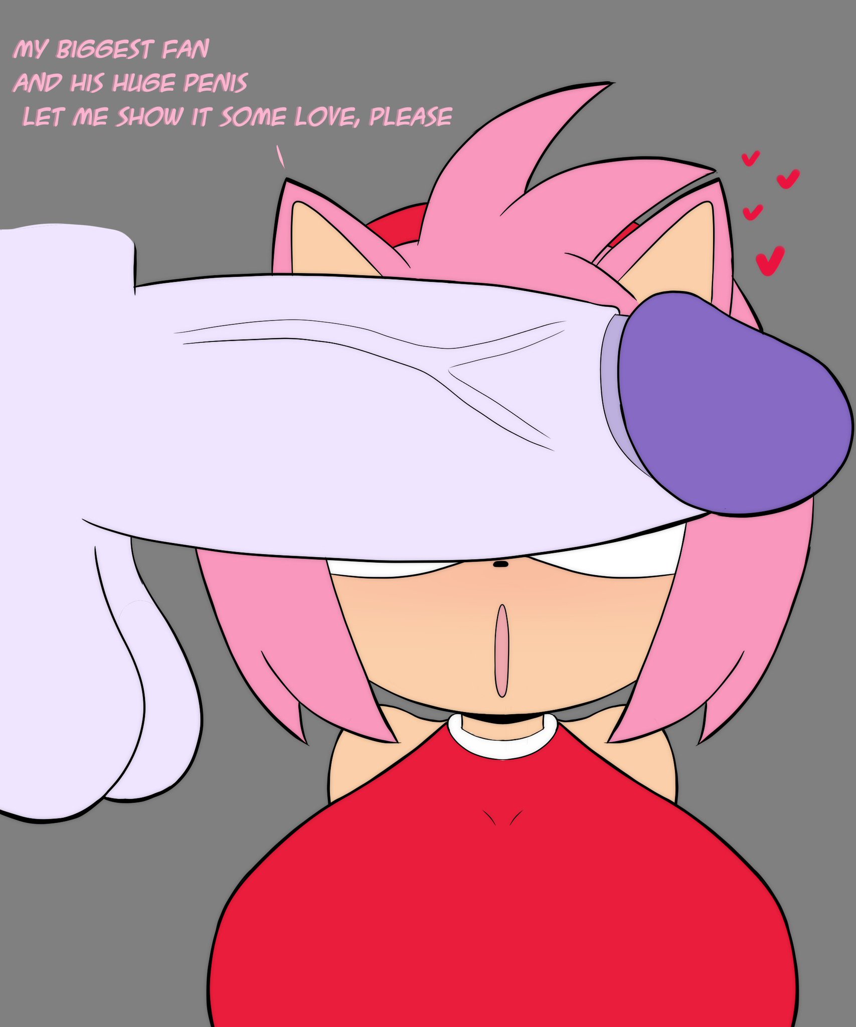 1boy1girl, 1female, 1girls, 2d, 2d (artwork), 2d artwork, amy rose, anthro, anthro female, big breasts, big penis, breasts, cant see the haters, color, digital drawing, digital drawing (artwork), digital media, digital media (artwork), female, furry, furry female, grey background, heart, hearts, hearts around head, hedgehog, imminent oral, imminent sex, in awe, open mouth, penis, pink hair, purple penis, red dress, short hair, sonic (series), sonic the hedgehog (series), speech bubble, talking, talking to partner, twitter, twitter artist