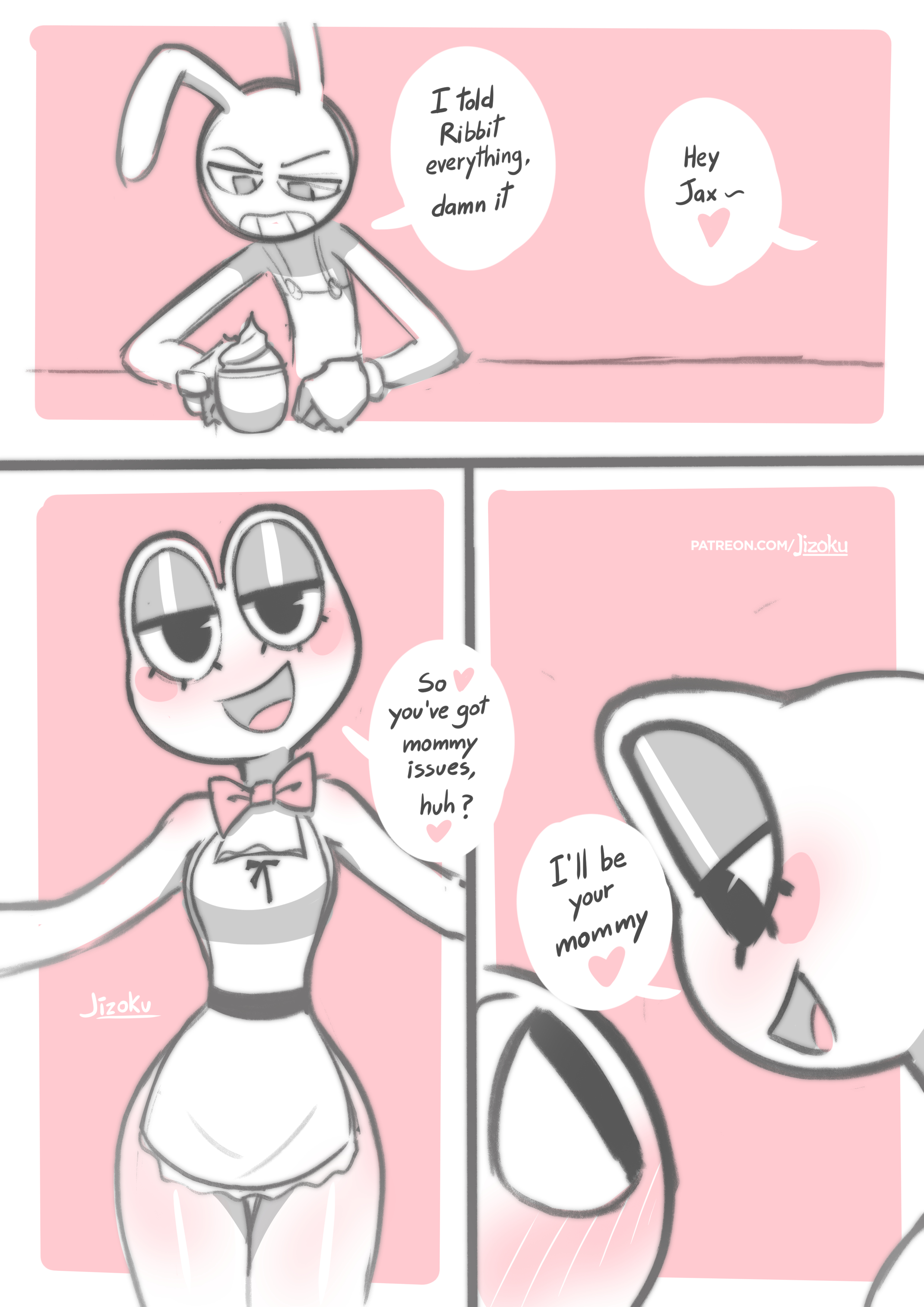 1boy, 1girls, 2026, apron, bowtie, comic, dialogue, frog girl, glitch productions, gooseworx, jax, jax (tadc), jax (the amazing digital circus), jizoku, rabbit boy, ribbit (tadc), ribbit (the amazing digital circus), straight, tagme, the amazing digital circus, wide hips