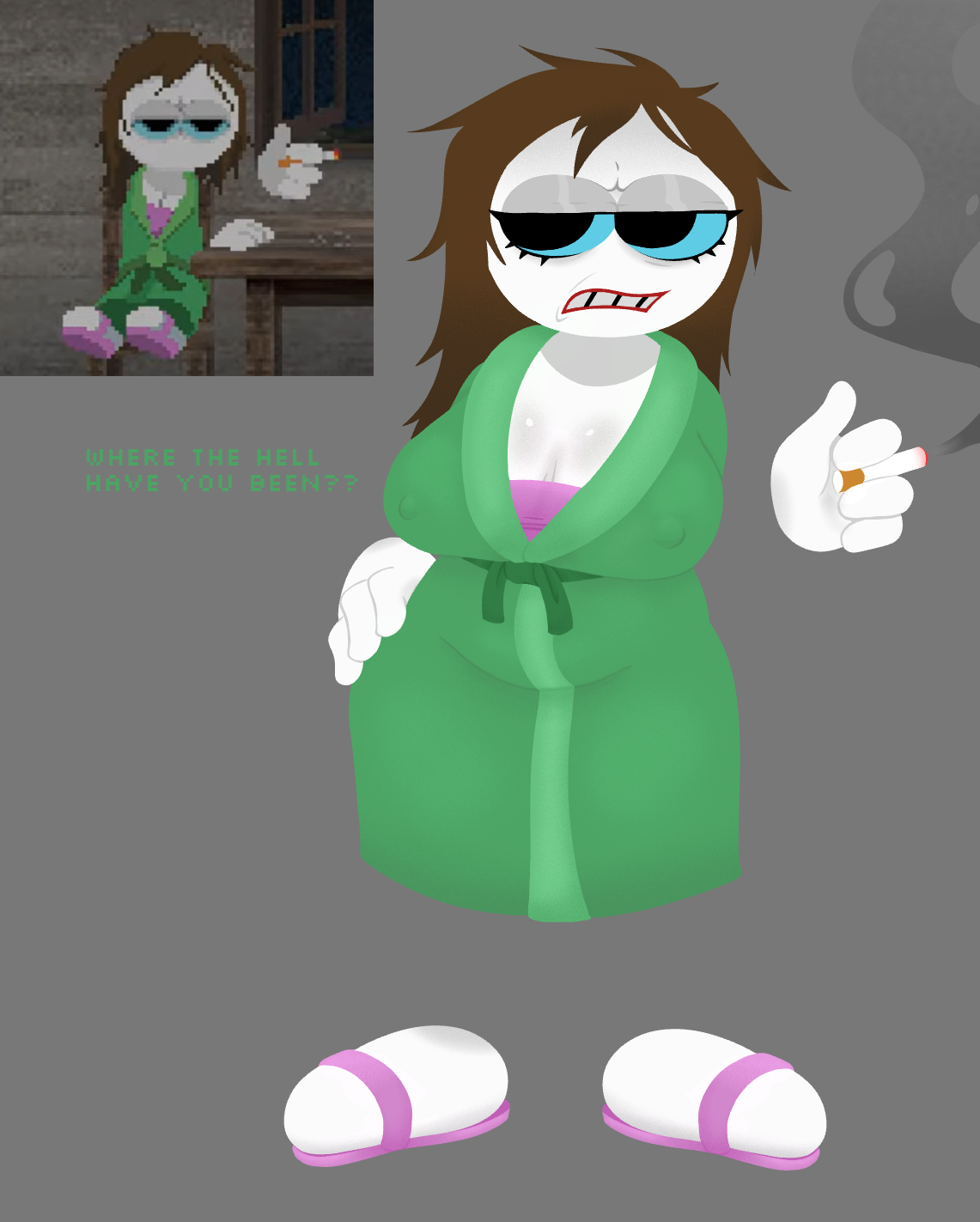 angry expression, annoyed expression, belly, belly bulge, big breasts, big eyes, blue eyes, brotatochip69, brown hair, cigarette, disembodied feet, disembodied hands, endacopia, eyelashes, eyeliner, green robe, hand on hip, huge breasts, looking at another, mellow's mom, messy hair, milf, mom, nipple bulge, nipples, no background, pink slippers, reference image, slippers, smoking, white skin, wide hips