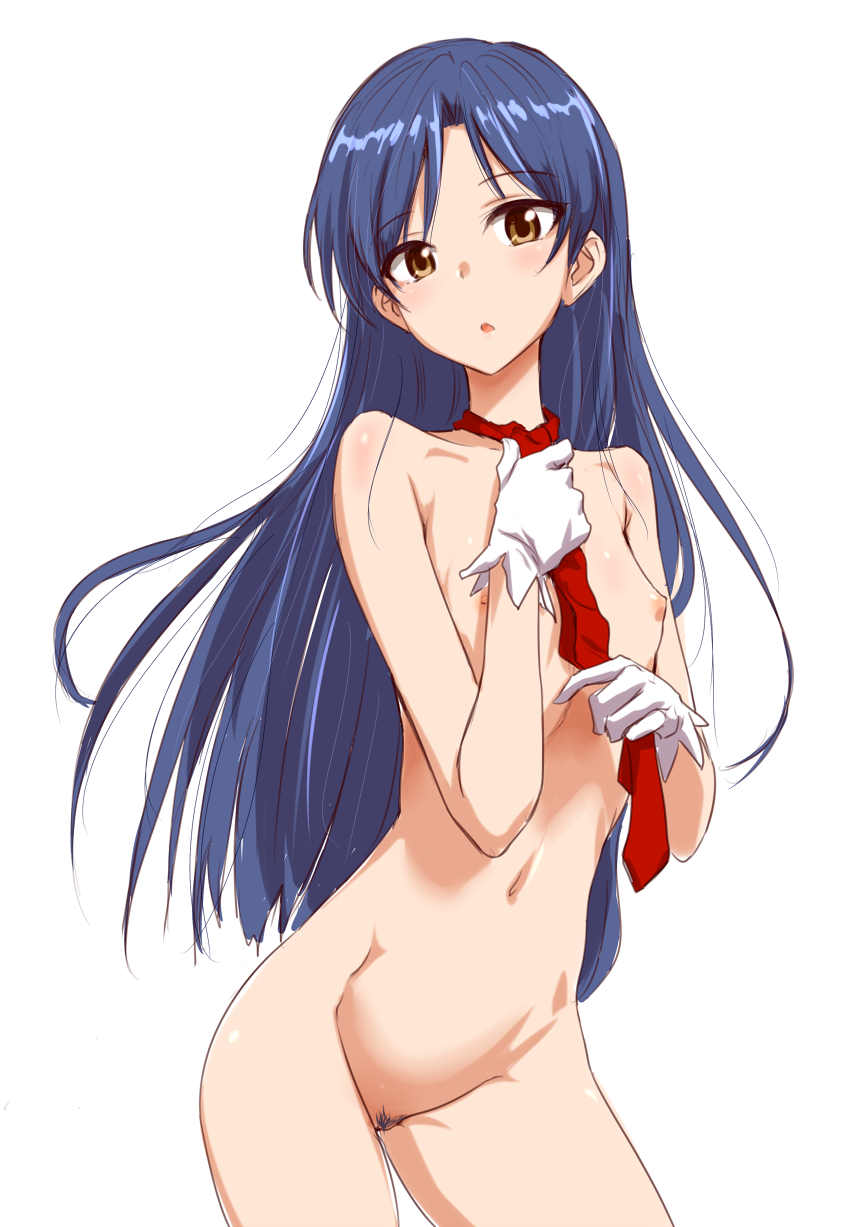 blue_hair clearite female flat_chest highres idolmaster kisaragi_chihaya long_hair necktie nipples nude pubic_hair solo very_long_hair white_background yellow_eyes