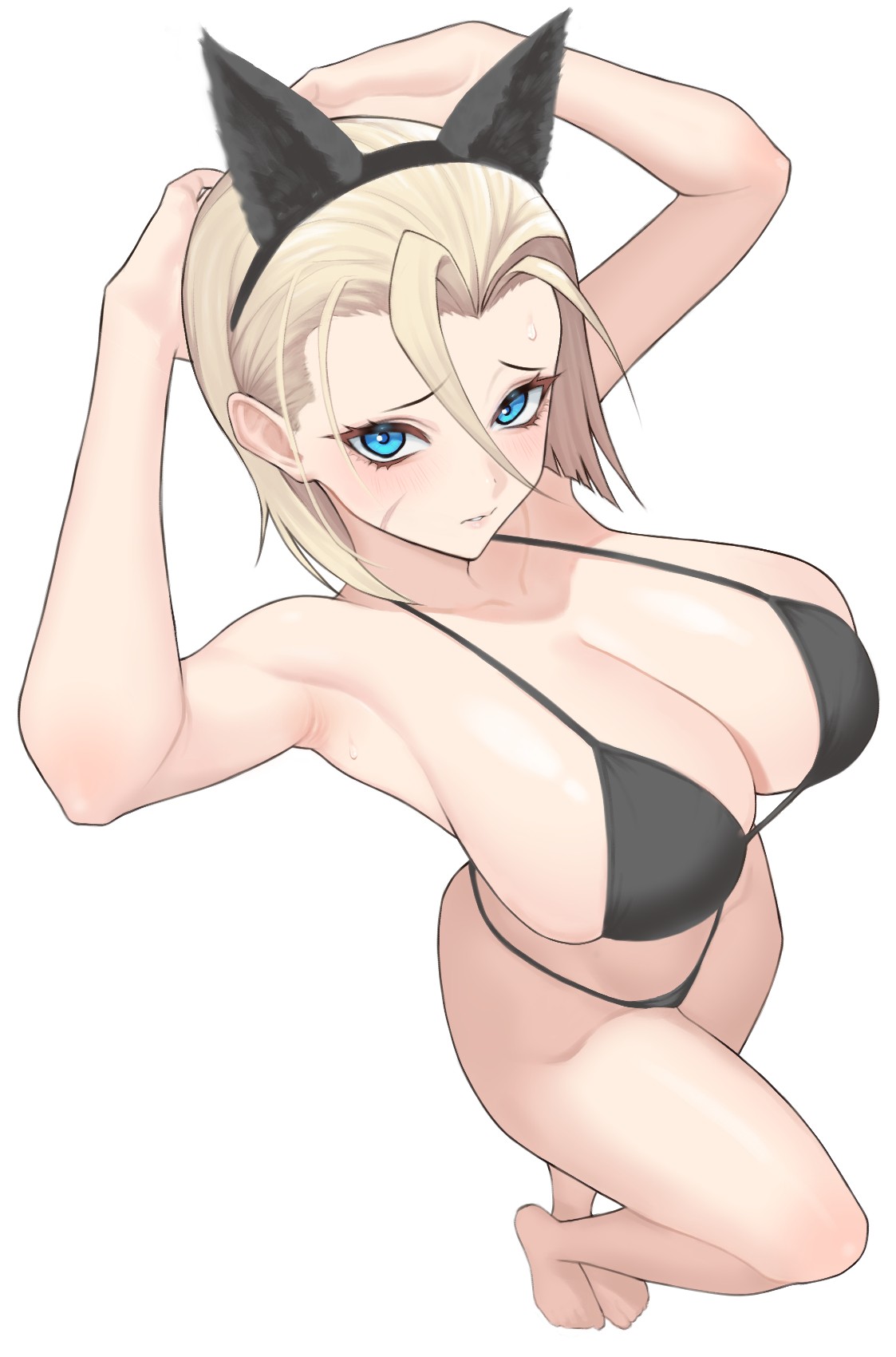 1girls, 2d, 2d (artwork), 2d artwork, above view, adult, adult female, almost naked, almost nude, arm behind head, armpit, armpit crease, armpit peek, armpits, arms behind head, arms up, background, bare armpits, bare arms, bare belly, bare calves, bare chest, bare hands, bare hips, bare knees, bare legs, bare midriff, bare navel, bare shoulders, bare skin, bare thighs, bare toes, barefoot, belly, belly button, big boobs, big breasts, bikini, bikini bottom, bikini only, bikini top, black bikini, black bikini bottom, black bikini top, black hairband, black micro bikini, black swimsuit, black swimwear, blank background, blonde, blonde female, blonde hair, blonde hair female, blonde-haired female, blue eyes, blue-eyed female, breasts, busty, busty female, busty girl, calves, cammy white, cammy white (street fighter 6), cleavage, collarbone, curvaceous, curvaceous body, curvaceous female, curvaceous figure, curvaceous hips, curvy, curvy body, curvy female, curvy figure, curvy hips, digital, digital art, digital drawing, digital drawing (artwork), digital media, digital media (artwork), drawing, elbows, exposed, exposed armpits, exposed arms, exposed belly, exposed chest, exposed hips, exposed legs, exposed midriff, exposed navel, exposed shoulders, exposed skin, exposed thighs, exposed toes, feet, female, female focus, female only, fingers, from above, from above view, from side, full body, full body view, groin, hairband, hairless armpits, halterneck, hand behind head, hands behind head, hands up, high angle, high angle view, high-angle shot, high-angle view, huge boobs, huge breasts, inguinal crease, inguinal ligament, knees, large boobs, large breasts, lean figure, legs, looking at viewer, looking up, looking up at viewer, mature, mature female, mature woman, micro bikini, midriff, monotone background, mostly nude, naked, naked female, naked woman, narrow waist, navel, nearly nude, nervous, nervous expression, nervous face, nervous female, no shoes, nude, nude female, nudity, one color background, overhead view, plain background, plump breasts, portrait, posing, posing for the viewer, posing naked, posing nude, practically nude, presenting armpit, scar on face, shaved armpits, short hair, shoulders, shy, shy expression, shy female, shy girl, side view, skimpy bikini, skindentation, slender body, slender waist, slim female, slim waist, small bikini, solid color background, solo, standing, street fighter, street fighter 6, string bikini, swimsuit, swimwear, thighs, thong bikini, three quarter view, three-quarter view, toes, top down view, white background, wide hips, woman, yukimune
