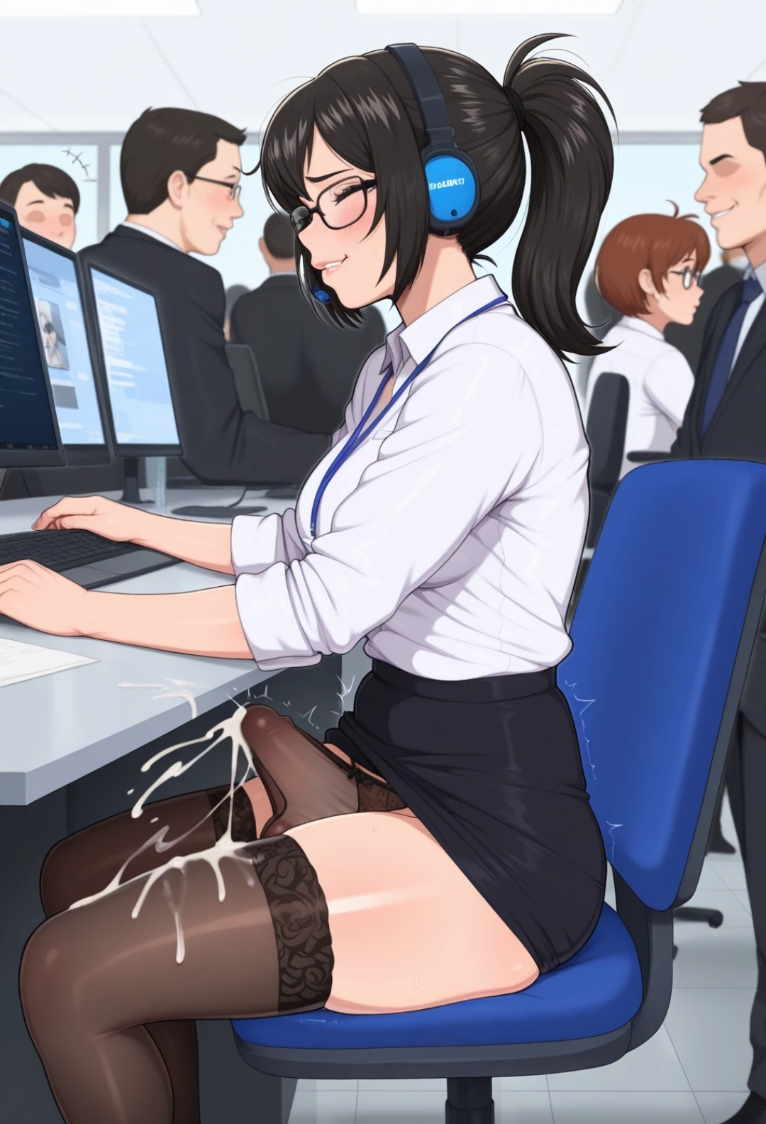 absurd res, ai generated, arcade18, attendant, biting lip, civitai, cum, cum drip, cum through clothes, cum through panties, cum trail, dripping cum, dripping semen, excessive cum, futanari, hands-free, headset, hi res, in public, lillylu, lillyverse, oc, office lady, only futa, original, original character, people in background, seaart.ai, seated, spontaneous, spontaneous ejaculation, spontaneous orgasm, stable diffusion, through clothes, unexpected cumshot