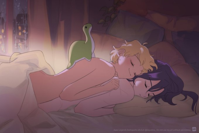 2girls, apex legends, artist request, bed, blanket, blonde hair, couple, female only, female/female, girlfriends, lesbian, lesbian couple, on back, on bed, purple hair, romantic couple, sleeping, sleeping on person, sleeping together, stuffed animal, tagme, wattson (apex legends), wraith (apex legends), yuri