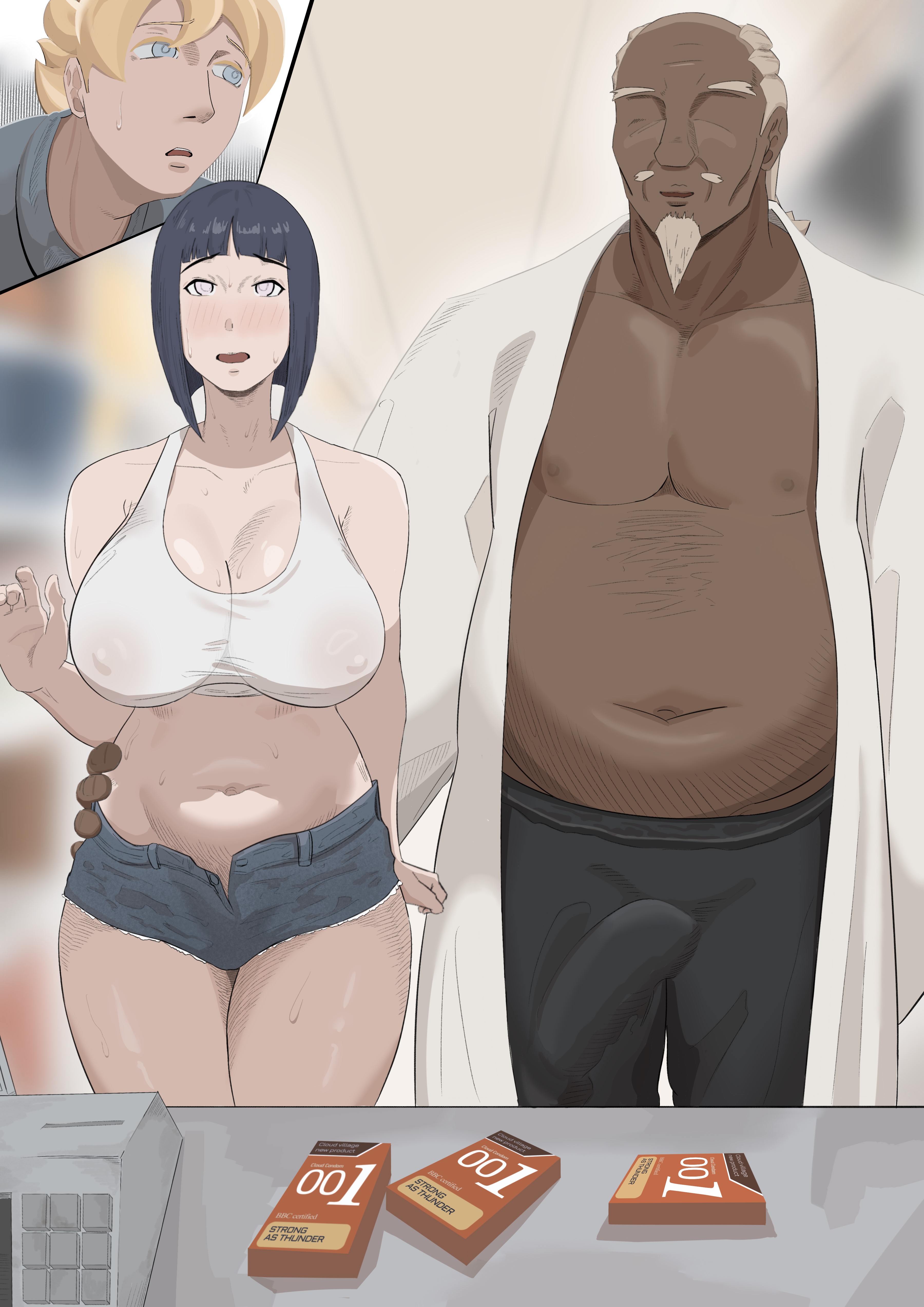 1girls, 2boys, a (naruto), absurd res, absurd resolution, absurdres, affair, areolae, artist request, balding, bare arms, bare shoulders, bare thighs, bbw, beard, belly, belly button, betrayal, big breasts, big penis, bigger male, bimbo, blonde hair, blue eyes, blue hair, blue shorts, blush, bob cut, booty shorts, boruto, boruto (series), boruto uzumaki, boruto: naruto next generation, boruto: naruto next generations, boruto: naruto the movie, boruto:naruto next generations, bra, bulge, busty, caught, caught cheating, caught in the act, cheating, cheating mother, cheating wife, child bearing hips, chubby, chubby male, cleavage, close-up, closed eyes, condom, condom box, cornrows, crop top, cuckold, curvaceous, curvaceous female, curvaceous figure, curves, curvy, curvy body, curvy female, curvy figure, curvy hips, dark skin, dark-skinned male, erect nipples, erect nipples under clothes, erection, erection under clothes, escort, facial hair, fat male, hand on hip, height difference, hi res, high resolution, highres, hinata hyuga, hinata hyuuga, hinata uzumaki, hip grab, hips, hips wider than shoulders, hourglass figure, hourglass figured female, huge areolae, hyuga hinata, hyuuga hinata, indoors, inner sideboob, interracial, jean shorts, jeans, kunoichi, large areolae, large breasts, large penis, light skin, light-skinned female, light-skinned male, looking at another, male pov, mature, mature body, mature female, mature male, mature woman, medium hair, milf, minishorts, mommy, mommy kink, mommy milkers, mother, mother and son, moustache, naruto, naruto (series), nervous, nervous expression, nervous face, nervous female, nervous sweat, netorare, nipple bulge, nose blush, ntr, open mouth, overweight male, pale skin, pale-skinned female, pale-skinned male, penis, pov, pov eye contact, pov male, prostitute, prostitution, purple eyes, raikage, robe, see-through, see-through bra, see-through clothes, see-through clothing, sex worker, shonen jump, shop, shopping, short shorts, shorter female, shorts, shoulder length hair, shounen jump, shueisha, size difference, skimpy, skimpy clothes, skimpy outfit, slutty female, smaller female, son, spiky hair, sports bra, store, store clerk, sweat, sweatdrop, sweating, taller male, tank top, thick hips, thick penis, thick thighs, thighs, tubetop, uzumaki boruto, uzumaki hinata, venus body, very high resolution, voluptuous, voluptuous body, voluptuous female, weekly shonen jump, weekly shonen magazine, weekly shounen jump, white bra, white crop tank top, white crop top, white sports bra, white tank top, white underwear, wide hips, wife, yellow hair