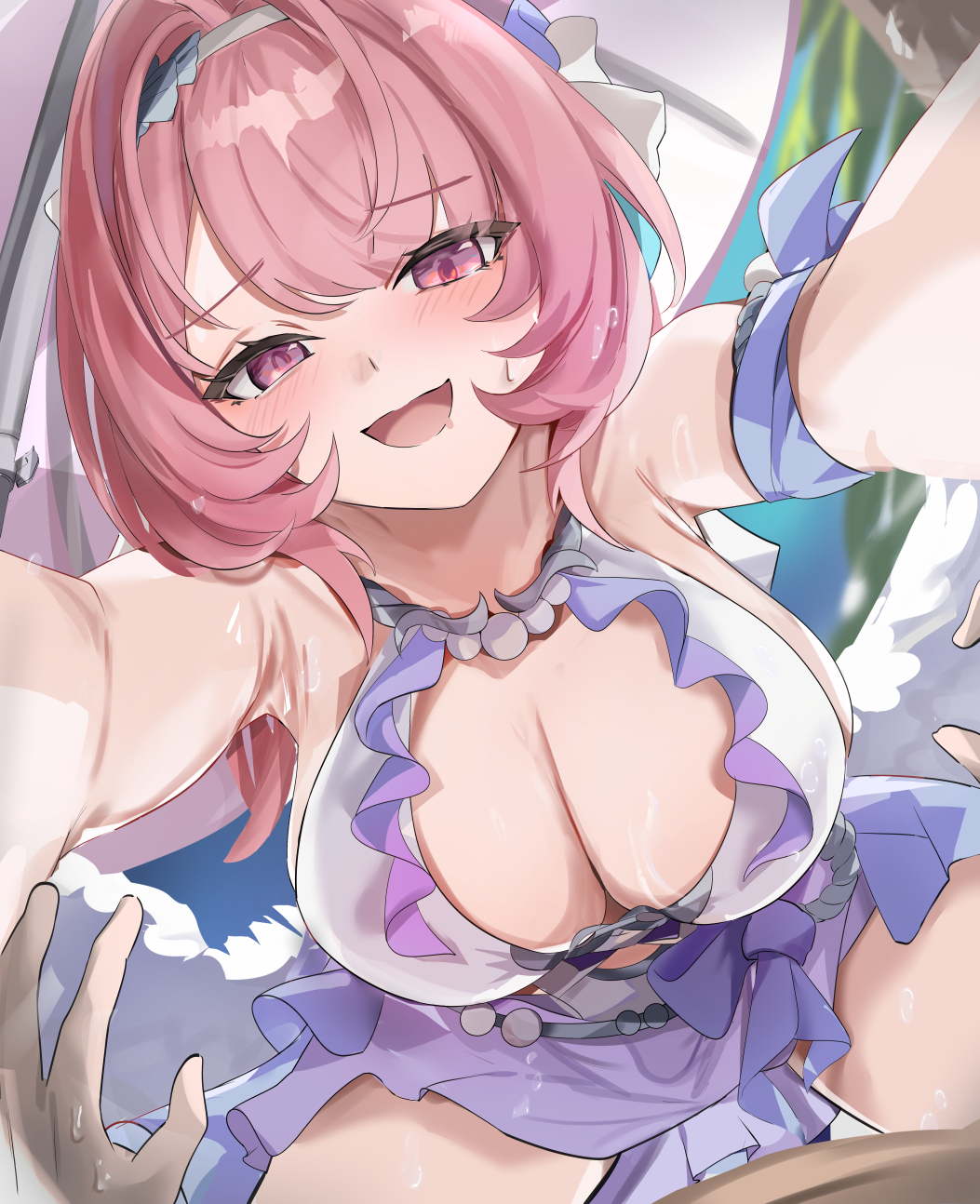 1girl, big breasts, bikini, blush, breasts, cleavage, commentary request, girl on top, highres, implied sex, large breasts, looking at viewer, male pov, official alternate costume, one-piece swimsuit, open mouth, outdoors, pink eyes, remielle dan, remielle dan (seashade pas seul), smile, solo focus, swimsuit, tomas (kaosu22), white bikini, white one-piece swimsuit, white wings, wings, wise (zenless zone zero), zenless zone zero