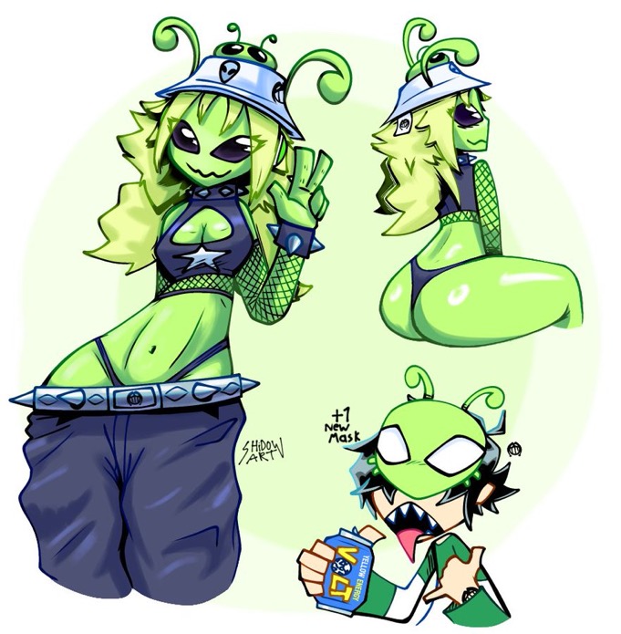 1girls, alien, ass, baggy pants, booventhealien, female, gloopy (booventhealien), pants falling down, sagging pants, sitting, streetwear, underwear