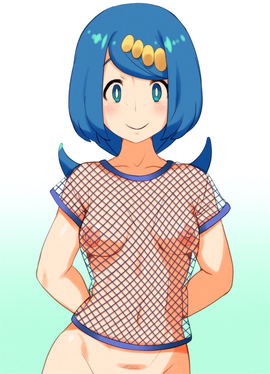 1girls, areolae, areolae visible through clothing, blue eyes, blue hair, breasts, e keroron, female, female only, fishnet, fishnet clothing, fishnet shirt, fishnets, functionally nude, functionally nude female, game freak, hair, hands behind back, lana's mother (pokemon), mature, mature female, mature woman, medium breasts, milf, mother, nipples, nipples visible through clothing, pokemon, pokemon sm, smile, solo, solo female, upper body