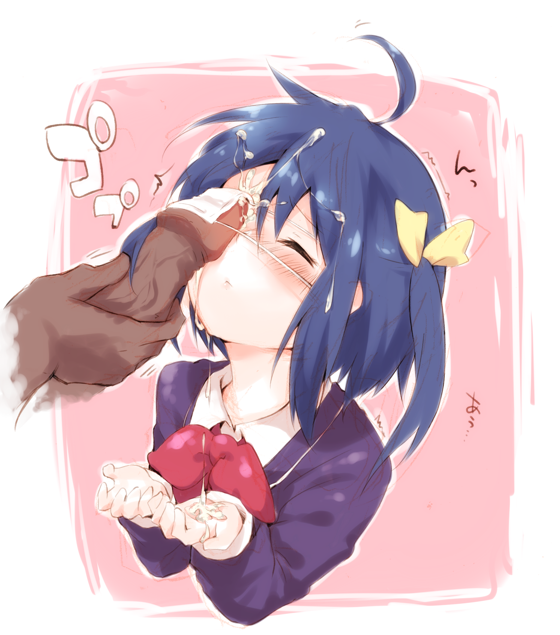 ahoge, ayakashi (monkeypanch), blazer, blue hair, blush, chuunibyou demo koi ga shitai!, closed eyes, cum, cum in eye, cum on face, cum on hair, dark skin, dark-skinned male, dick on face, eye patch, facial, female, hair ribbon, highres, male, penis, pleasured, ribbon, school uniform, short hair, side ponytail, solo focus, straight, takanashi rikka