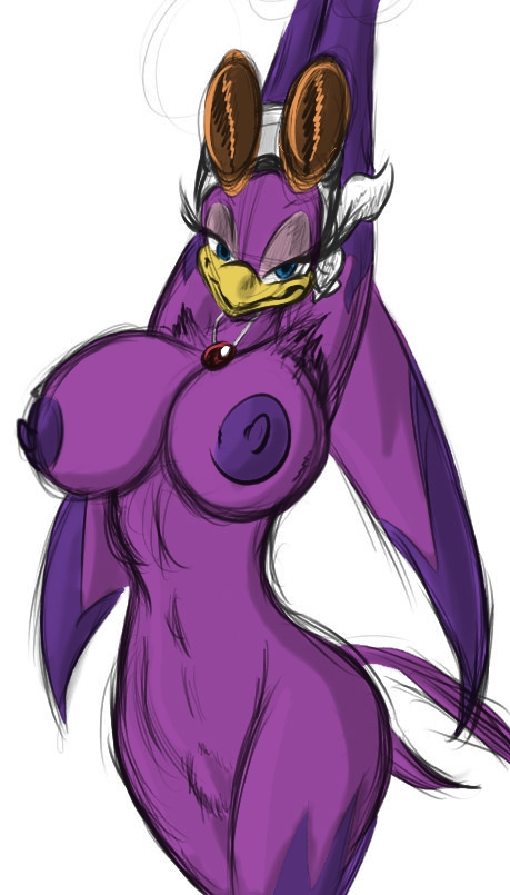 avian bedroom_eyes bird blue_eyes breasts clothing crotch_tuft eyewear female flame_markings glasses gloves hands_above_head handwear jewelry kerchief looking_at_viewer markings narrowed_eyes navel necklace nipples nude purple_body seductive sega shinysteel solo sonic_(series) sonic_riders sonic_the_hedgehog_(series) tail third-party_edit tuft wave_the_swallow