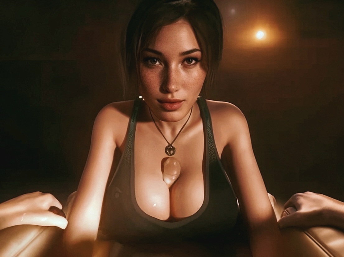 1boy, 1girls, 3d, artist request, breasts, brown eyes, brown hair, clothed paizuri, female, lara croft, looking at viewer, male, paizuri, tagme, tomb raider