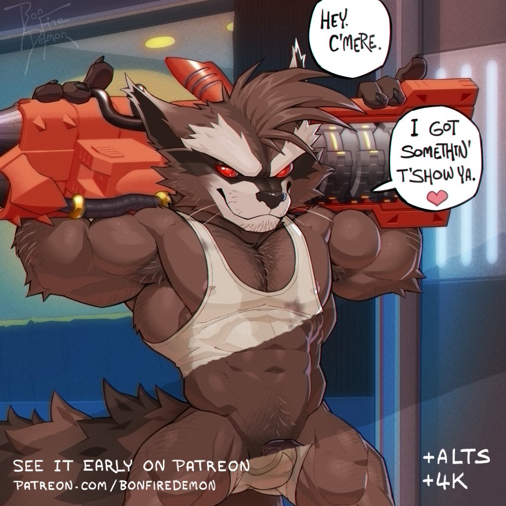 abs anthro biceps bonfiredemon clothing fur genitals guardians_of_the_galaxy male male_only marvel muscular muscular_anthro muscular_male pecs penis rocket_raccoon shirt solo tail tank_top topwear underwear vein veiny_penis weapon weapon_on_back weapon_on_shoulder