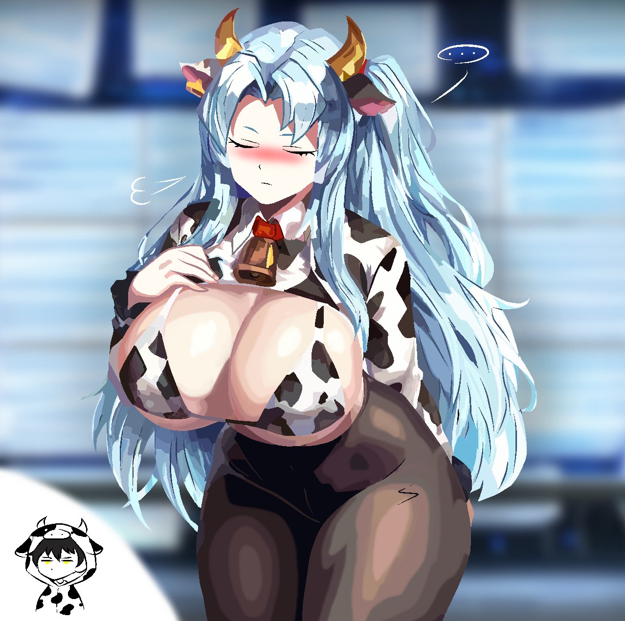 angela (lobotomy corporation), ass, big ass, big breasts, blue hair, breasts, cleavage, cow ears, cow horns, cow print, cow print bikini, female, female focus, female only, huge breasts, large breasts, lobotomy corporation, paul camadonnas, project moon, solo, solo female, solo focus, tagme, thick, thick ass, thick hips, thick legs, thick thighs, thigh highs, thighhighs, thighs