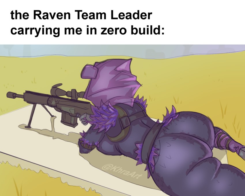 anthro ass barrett_m82 bear big_butt bubble_butt distracted english_text epic_games female fortnite fortnite:_battle_royale gun hi_res human humanoid khraart mammal meme meme_caption pose ranged_weapon raven_team_leader raven_team_leader_(fortnite) rifle shitpost sniper_rifle solo text thick_thighs unaware weapon