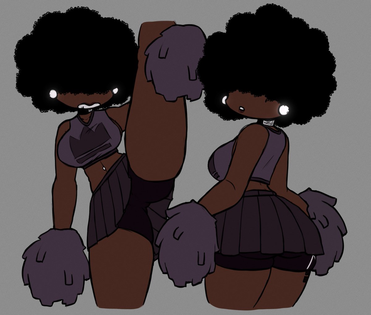 1girls afro audra_(stormtm) bare_shoulders bike_shorts bike_shorts_under_skirt cheerleader clenching_teeth crop_top dark-skinned_female ear_piercing eyes_covered hair_over_eyes looking_back midriff navel navel_piercing original original_character pleated_skirt pom_poms shorts shorts_under_skirt skirt solo solo_female splits standing standing_on_one_leg standing_split stormtm teeth_clenched