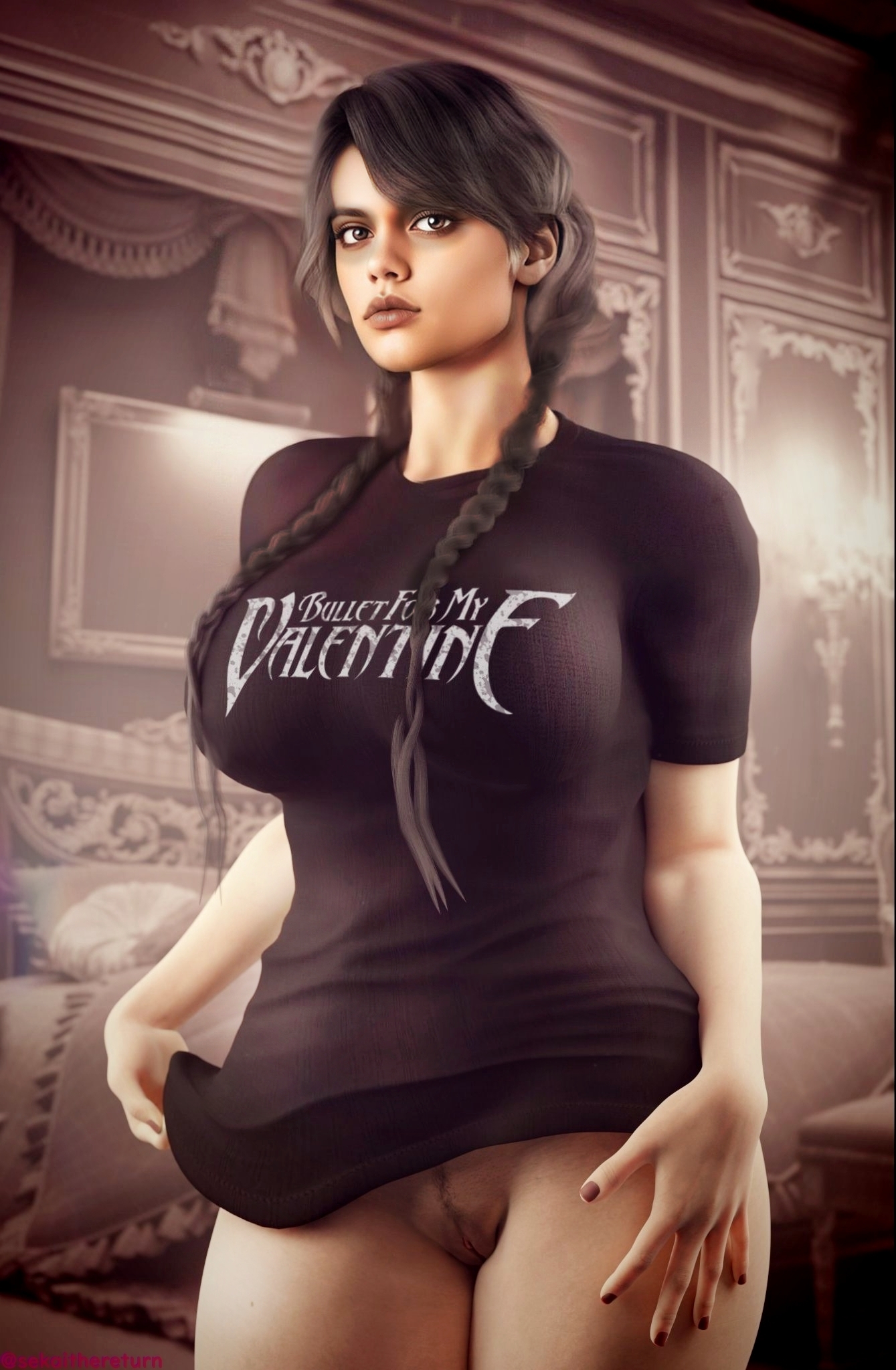 1girls, 3d, big breasts, black hair, bottomless, breasts, busty, english text, female, female focus, female only, going commando, goth, goth girl, hourglass figure, human, human only, jenna ortega, large breasts, light skin, light-skinned female, long hair, makeup, nail polish, no panties, pubes, pubic hair, pussy, sekaithereturn, t-shirt, tagme, text on clothing, text on shirt, text on topwear, the addams family, trimmed pubic hair, twin braids, vagina, wednesday (netflix), wednesday addams, wide hips