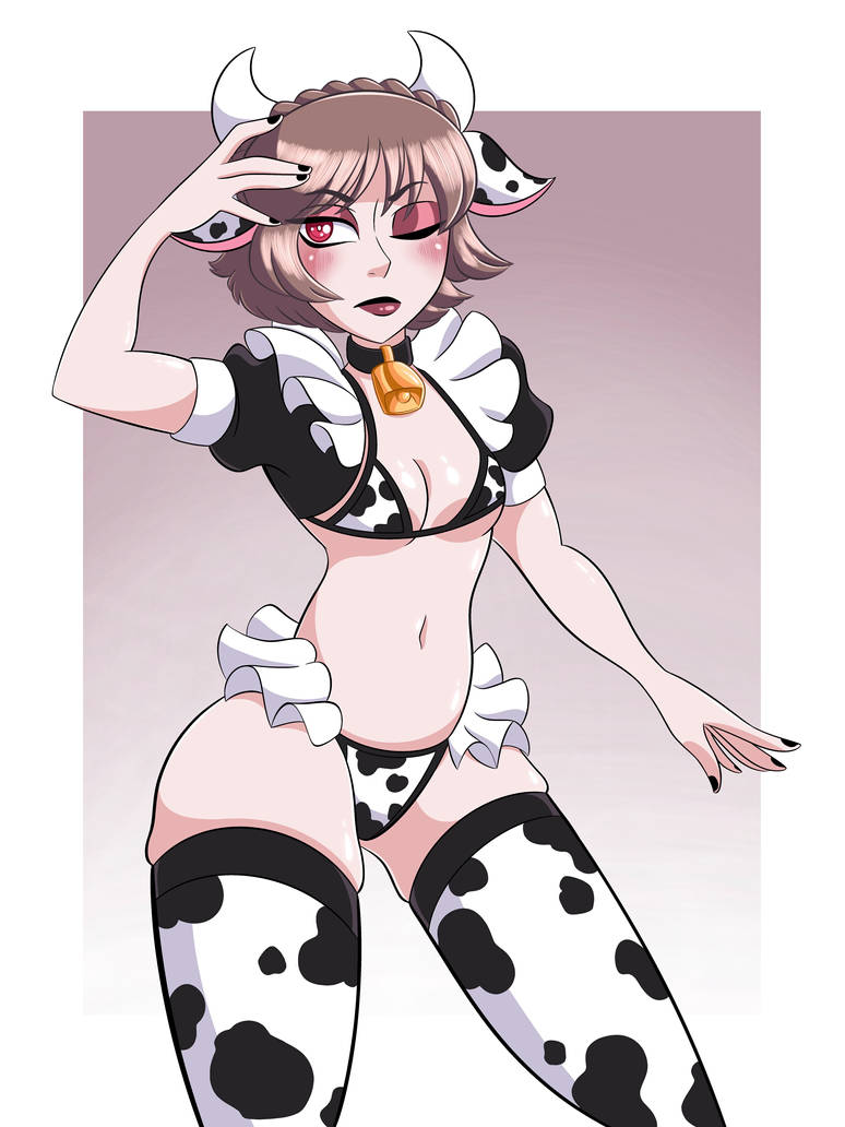 1girls bearbuckscoffee bell bell_choker bell_collar bikini breasts brown_hair choker cleavage collar collar_bell cow_ears cow_horns cow_print cow_print_bikini cow_print_swimsuit cow_print_thighhighs cowbell crown_braid eyeshadow fake_animal_ears fake_horns female female_only looking_at_viewer maid maid_bikini maid_swimsuit maid_uniform makoto_niijima medium_breasts midriff nail_polish navel painted_fingernails painted_nails persona persona_5 red_eyes revealing_clothes short_hair stockings swimsuit thighhighs