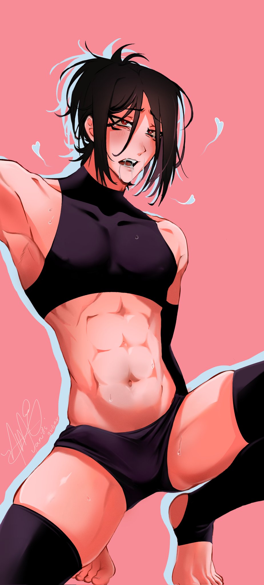 black_hair black_socks crop_top demon_boy demon_humanoid fangs femboy femboy_hooters femboy_only incubus red_eyes twink vanillssugar yaoi