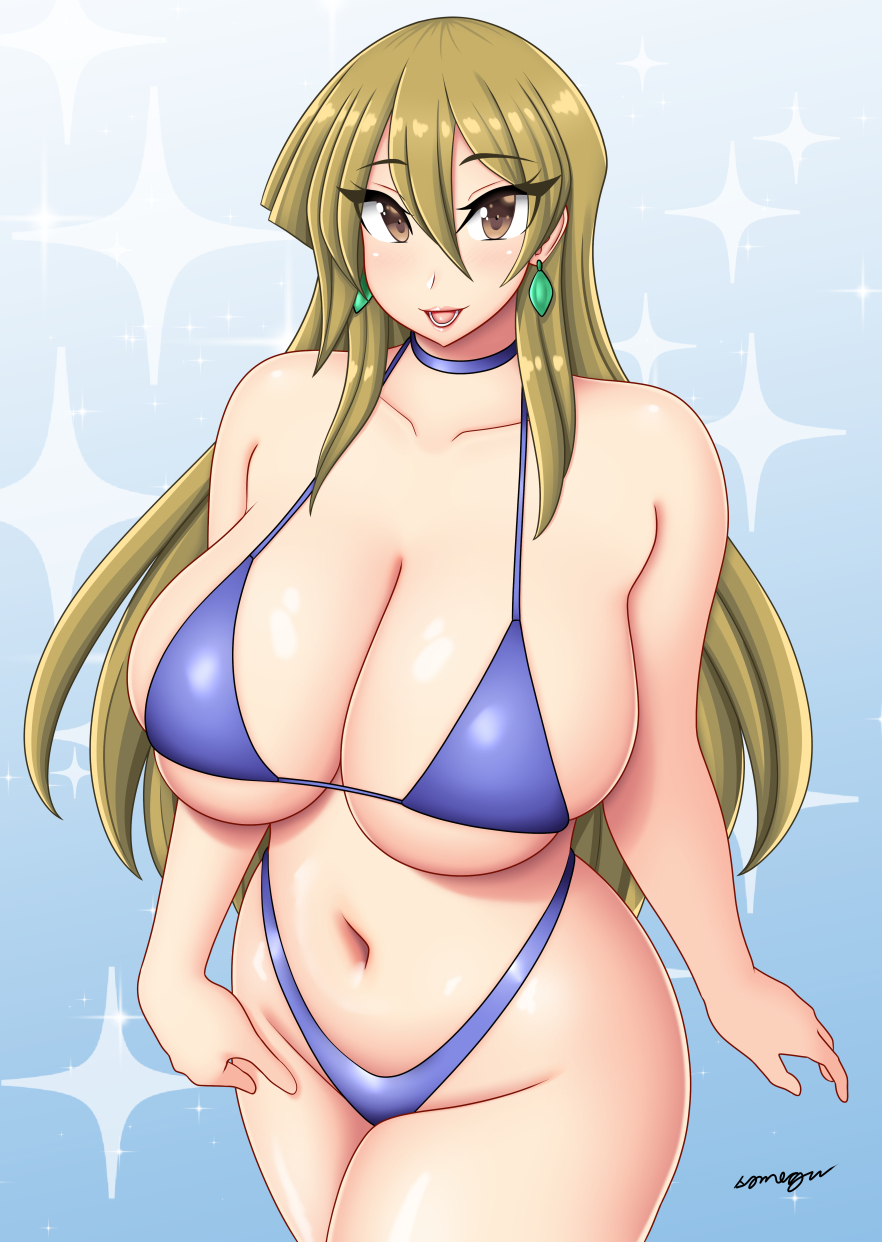 1girls 2024 alexis_rhodes big_breasts bikini blonde_hair earrings female female_only konami long_hair looking_at_viewer open_mouth smiling smiling_at_viewer solo somegu sparkles yu-gi-oh! yu-gi-oh!_gx