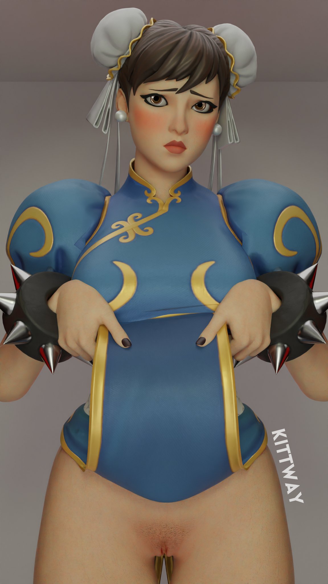 blush blush bracelet chun-li chun-li_(fortnite) clothed clothed_female clothing female female_only flashing flashing_pussy fortnite hair_ornament kitway loincloth loincloth_lift looking_at_viewer mostly_clothed mostly_clothed_female no_panties pubic_hair pussy solo solo_female street_fighter