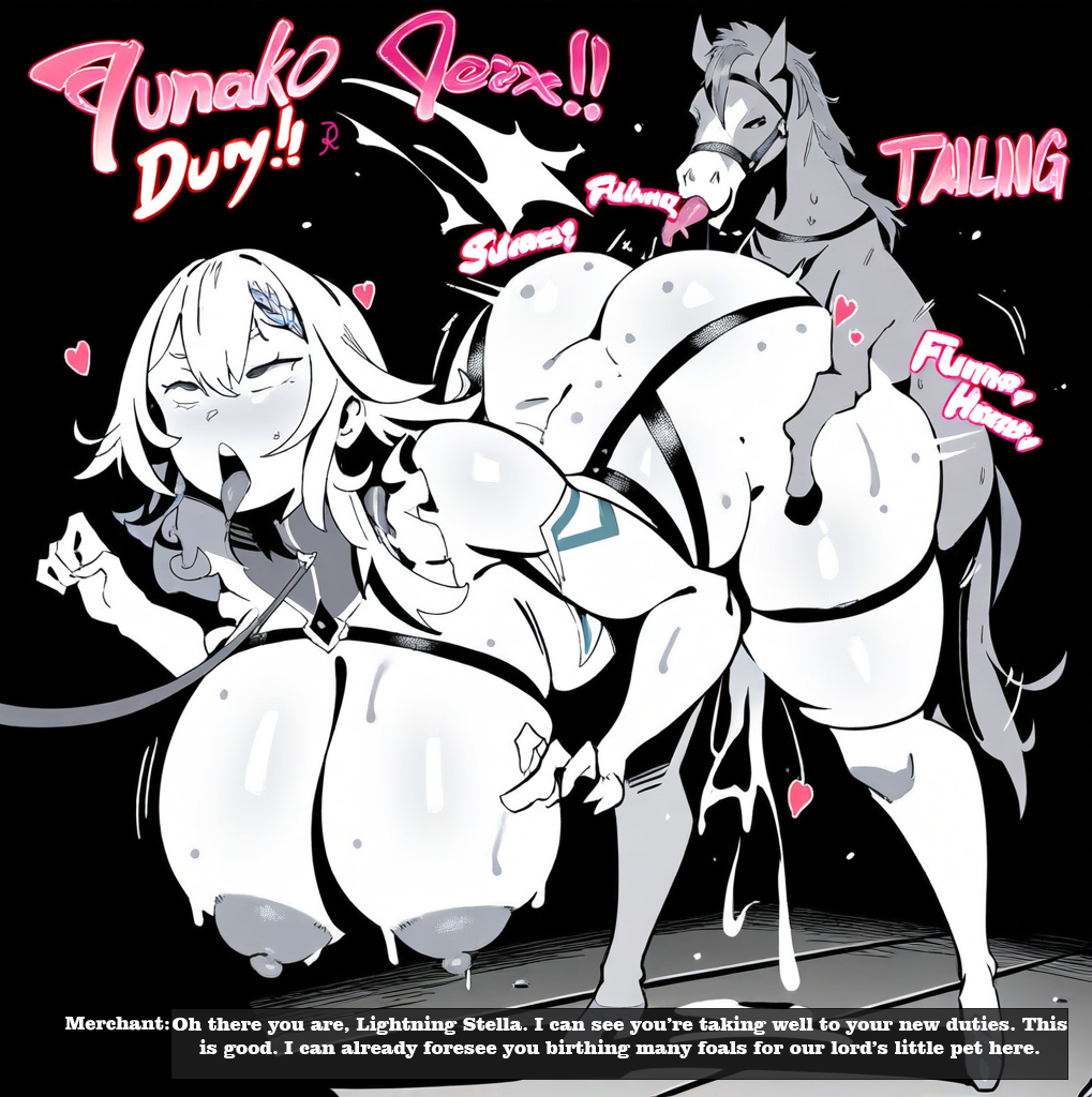 ahe_gao ai_generated cum cum_inside dangling_breasts donkey effects english_text fantasy harness heart huge_ass huge_breasts interspecies leash nipples rotmantea sex size_difference small_dom_big_sub smaller_male stylized sweat text text_box tongue_out zoophilia