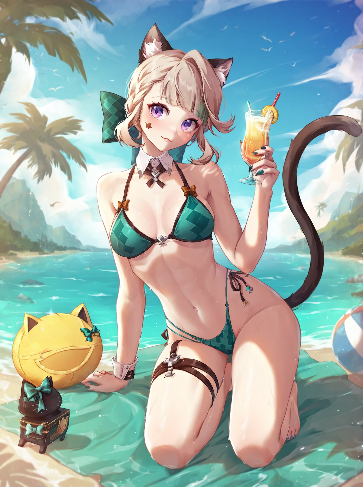 absurd res, ai generated, ball (object), beach, bikini, bikini bottom, bikini top, cat ears, cat girl, cat tail, catgirl, cocktail, female, genshin impact, lynette (genshin impact), ministro, water