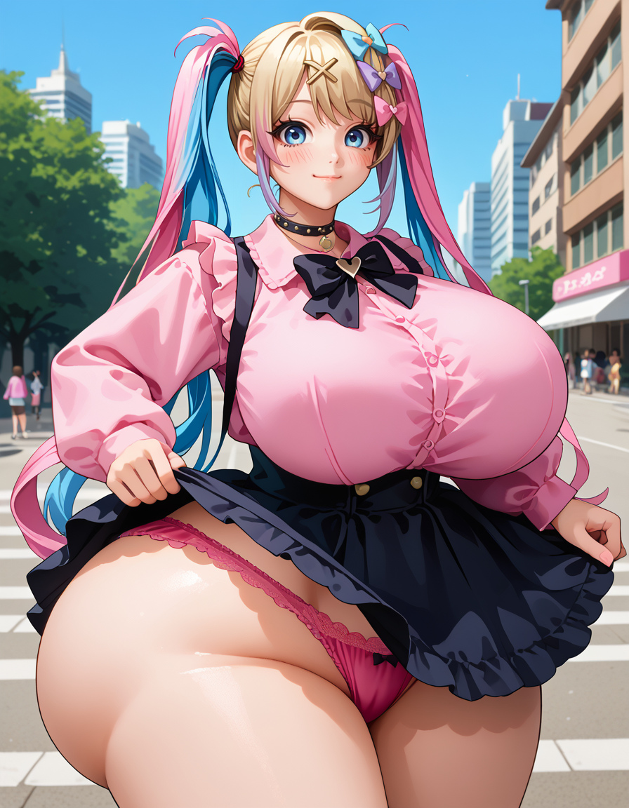 ai_generated ass_visible_through_thighs blush chouzetsusaikawa_tenshi-chan city closed_mouth exhibitionism gigantic_ass gigantic_breasts needy_girl_overdose needy_streamer_overload official_alternate_costume official_alternate_hairstyle panties pink_panties skirt_lift smile stable_diffusion thick_ass thick_thighs upskirt wide_hips