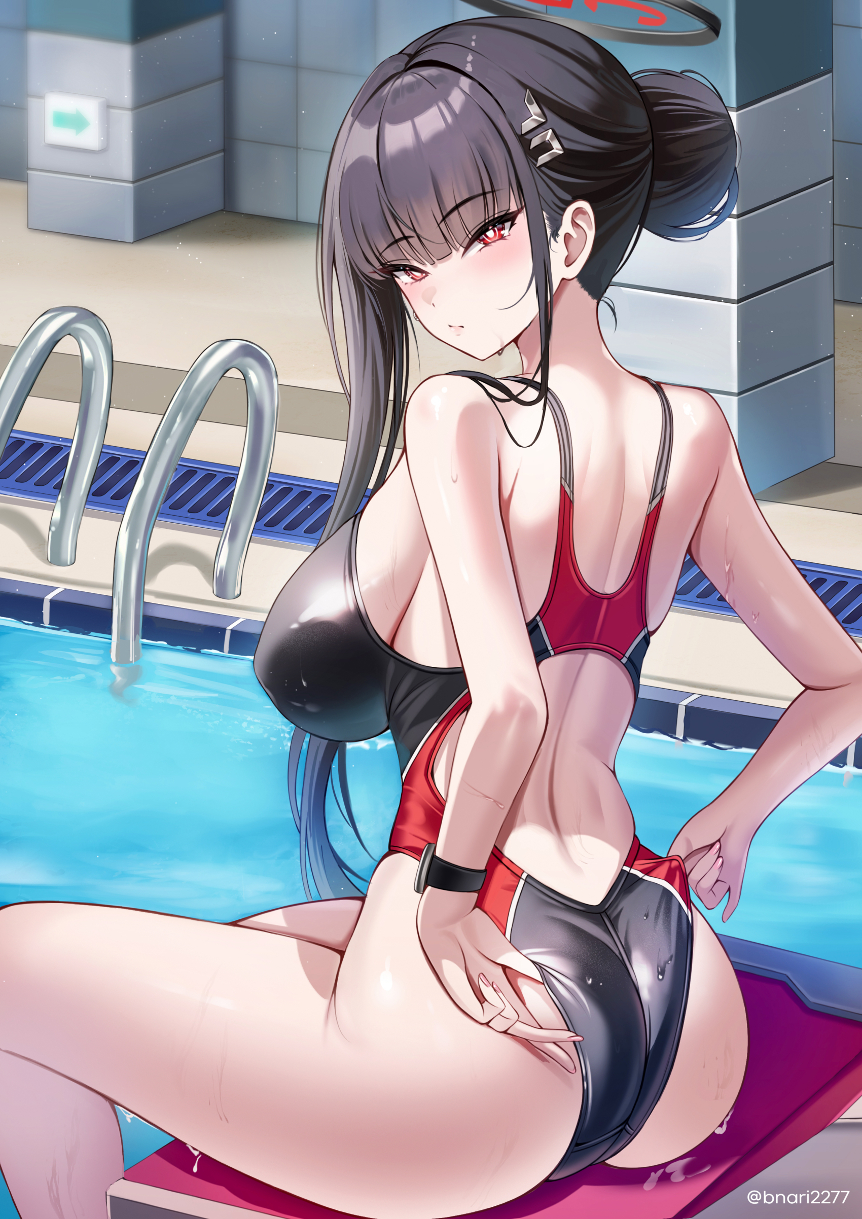 absurdres, adjusting clothes, adjusting swimsuit, ass, black hair, black halo, blue archive, bnari, breasts, commentary request, female, halo, highres, large breasts, long hair, looking at viewer, pool, red eyes, rio (blue archive), sitting, solo, swimsuit, two-tone one-piece swimsuit, very long hair