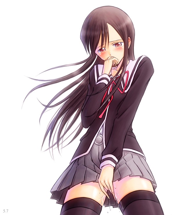 amamiya_sayuri black_hair blush bonnie_(rsg) clothed_masturbation clothing fingering fingering_self long_hair masturbation school_uniform skirt stockings thighhighs tokimeki_memorial tokimeki_memorial_online