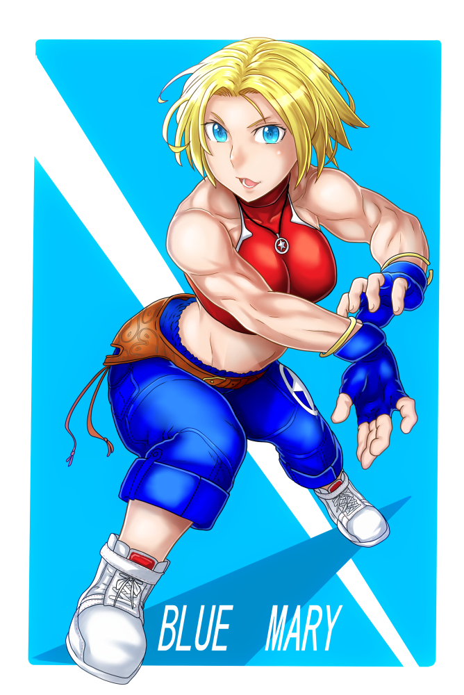 belt big_breasts big_breasts blonde_hair blue_eyes blue_mary female gloves jeans king_of_fighters light_skin muscular muscular_female necklace pants red_tank_top shoes short_hair star tank_top thick white_shoes