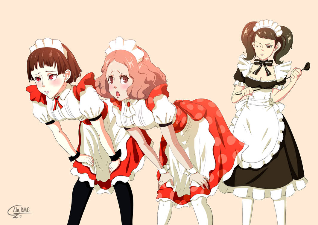 3girls alermg apron bent_over black_hair breasts brown_eyes brown_hair haru_okumura holding_riding_crop holding_whip maid maid_apron maid_headdress maid_uniform makoto_niijima medium_breasts persona persona_5 red_eyes riding_crop sadayo_kawakami short_hair twintails whip wrist_cuffs yuri