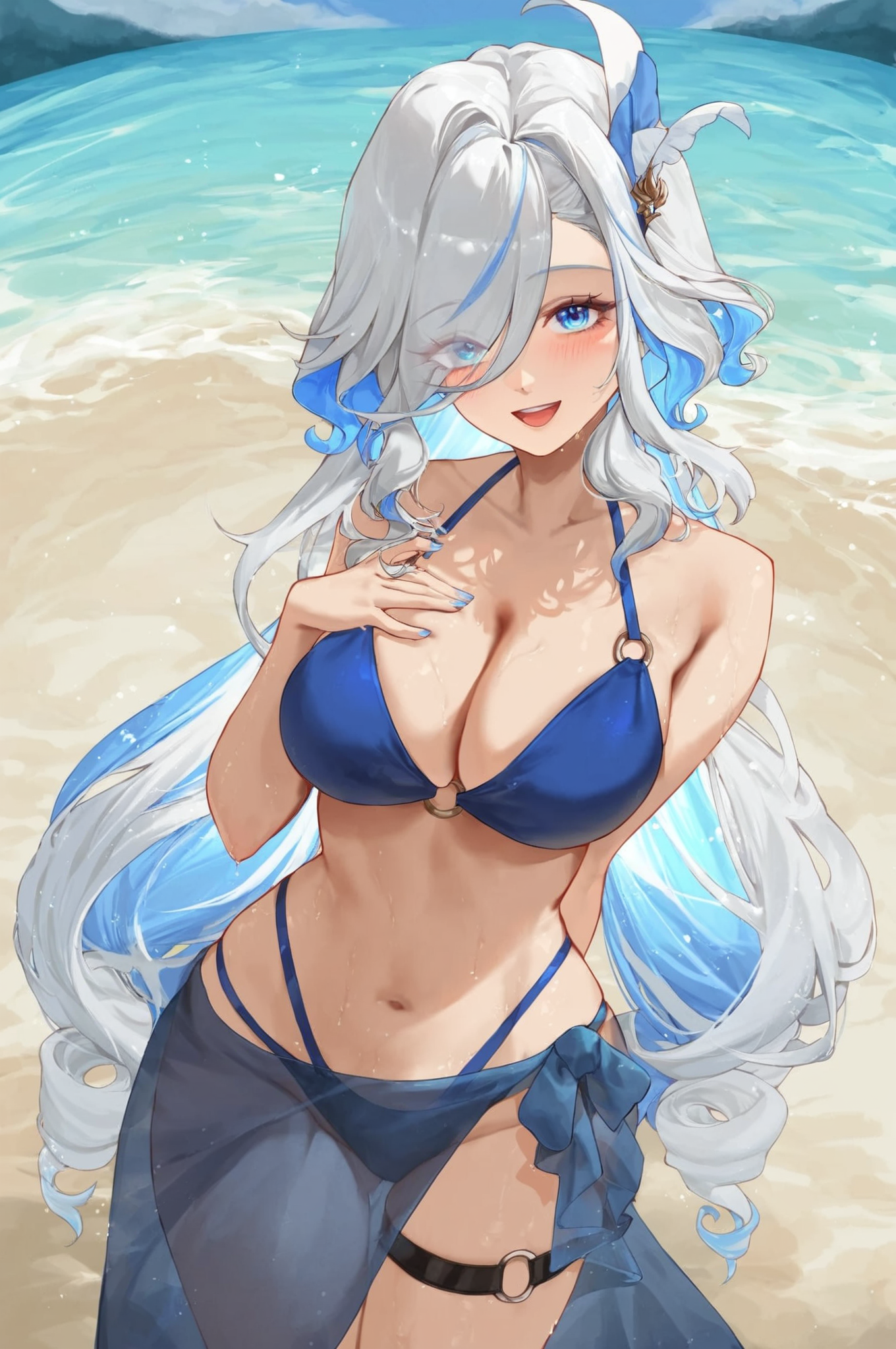 absurd res, ai generated, beach, bikini, bikini bottom, bikini top, breasts, female, furina (genshin impact), genshin impact, large breasts, looking at viewer, ministro, string bikini