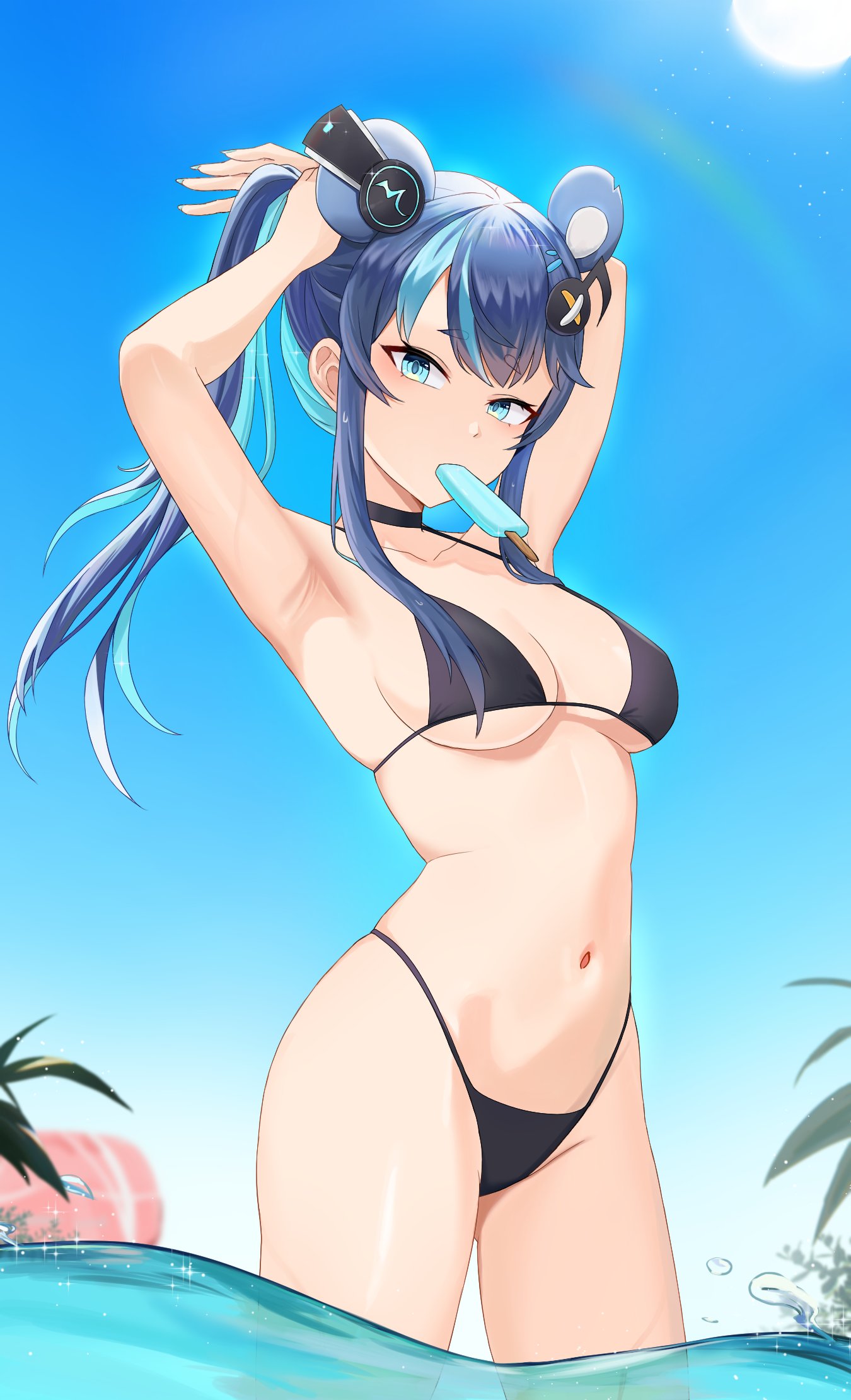 1girls animal_ears bear_ears bear_girl belly_button bikini black_bikini blue_eyes blue_hair female female_only food fujikura_uruka headphones ice_cream lendivere light-skinned_female light_skin looking_at_viewer outdoors phase_connect phase_origins popsicle sky solo swimsuit virtual_youtuber water