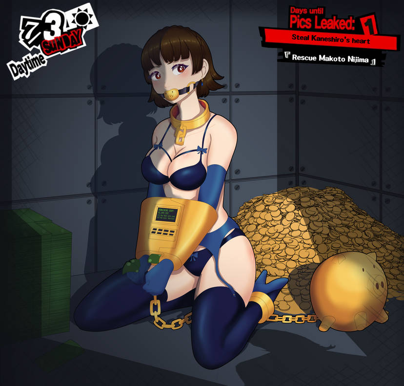 1girls ankle_cuffs ball_and_chain ball_and_chain_restraint ball_gag blue_bra blue_lingerie blue_panties bondage bra breasts brown_hair coins collar crown_braid dollar_bills earrings elbow_gloves gag gagged garter_belt garter_straps gloves high_heels kneeling lingerie looking_at_viewer makoto_niijima medium_breasts metal_cuffs money panties persona persona_5 piggy_bank red_eyes short_hair slave starlitewarrior thighhighs