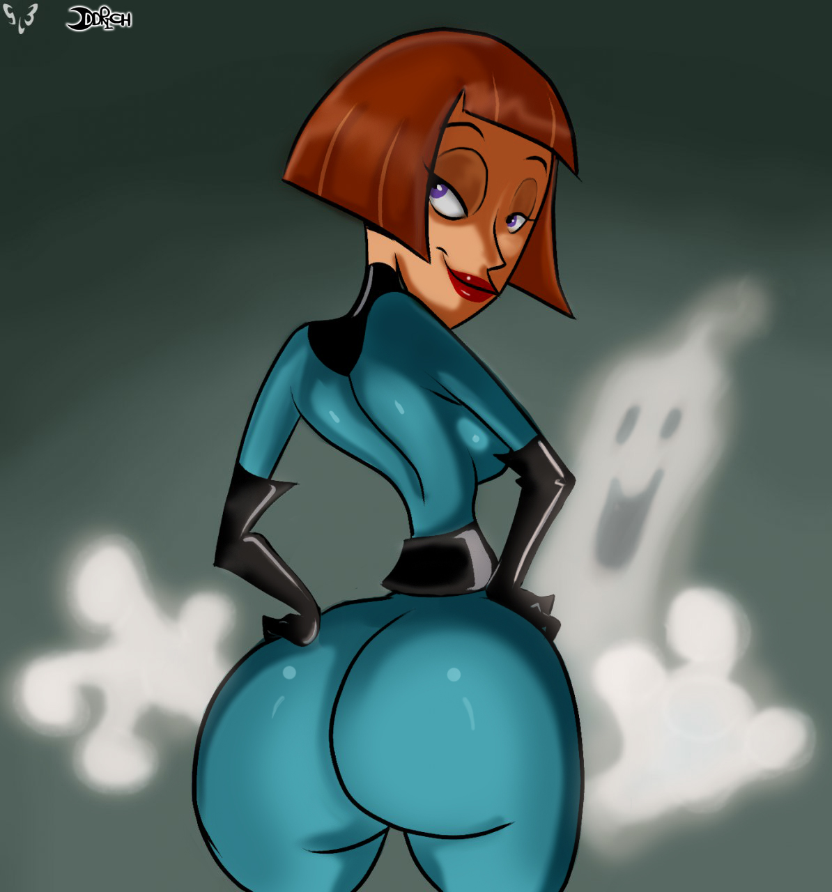 ass, bodysuit, danny phantom, elbow gloves, female, hand on hip, human, lipstick, looking back, madeline fenton, milf, nickelodeon, oddrich, pose, purple eyes, red hair, shiny, short hair, skin tight, smile