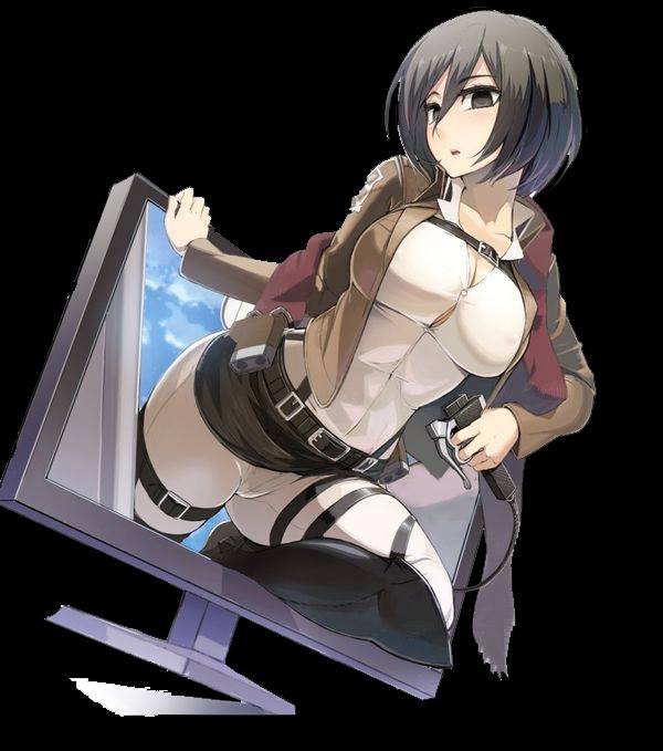 1girls, alternate breast size, attack on titan, belt, black eyes, black hair, breasts, cleavage, female, female only, fully clothed, huge breasts, mikasa ackerman, miniskirt, monitor, nonude, shingeki no kyojin, shirt, short hair, skirt, solo, tight clothes
